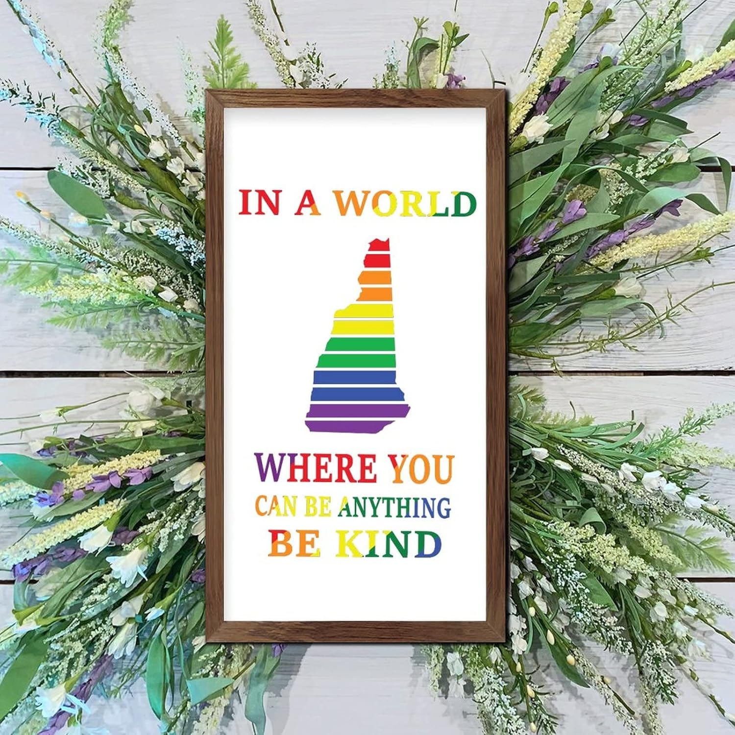 Rainbow New Hampshire Map Wood Framed Sign 22x12