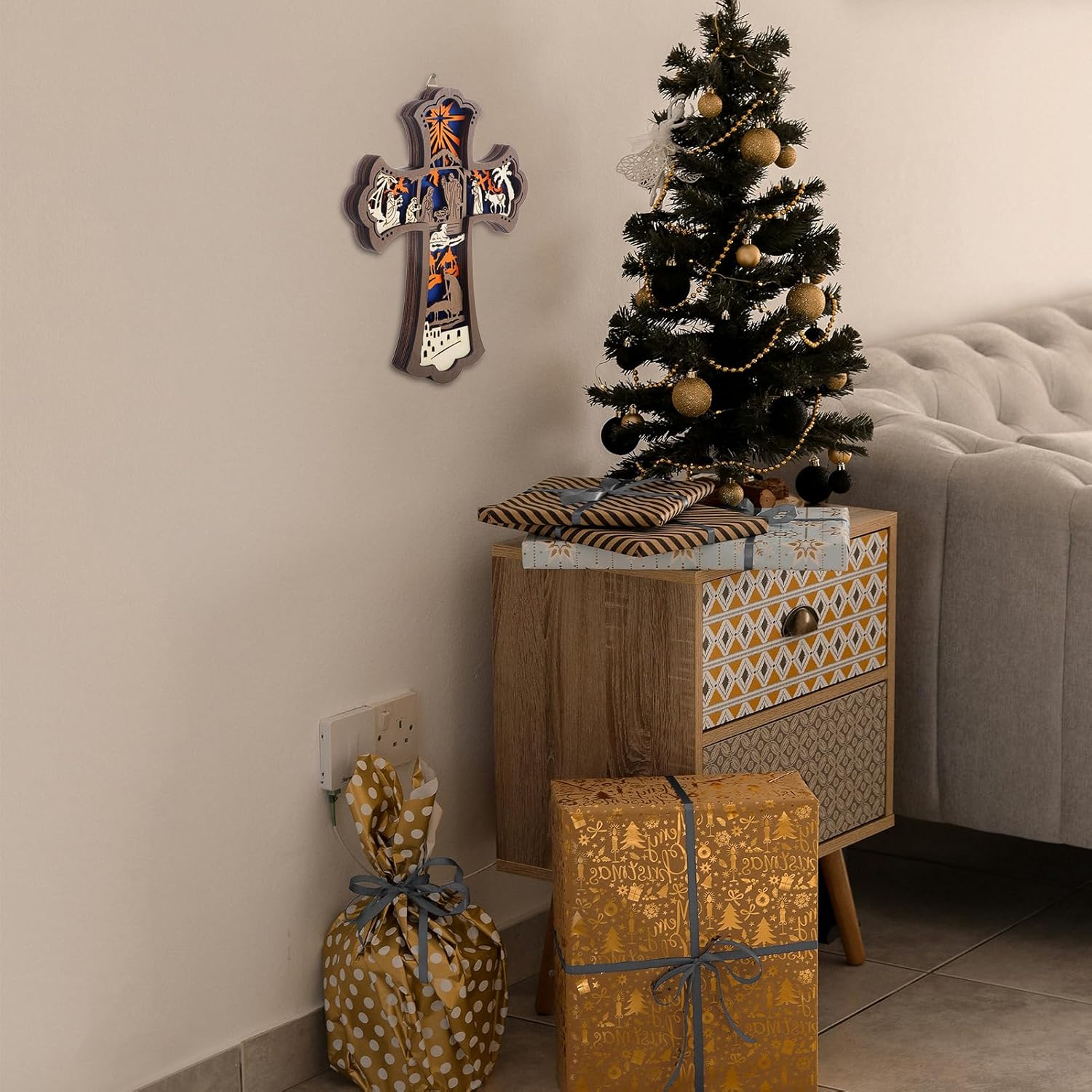 KOMI Wooden Wall Cross with Nativity Scene 9 Inch