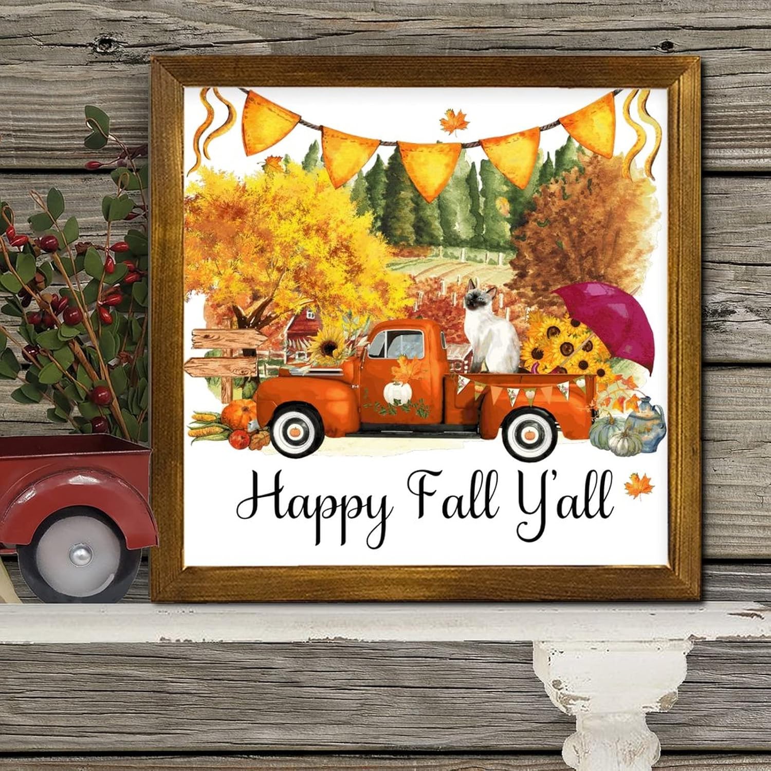 Happy Fall Yall Cat Orange Truck Wood Framed Sign