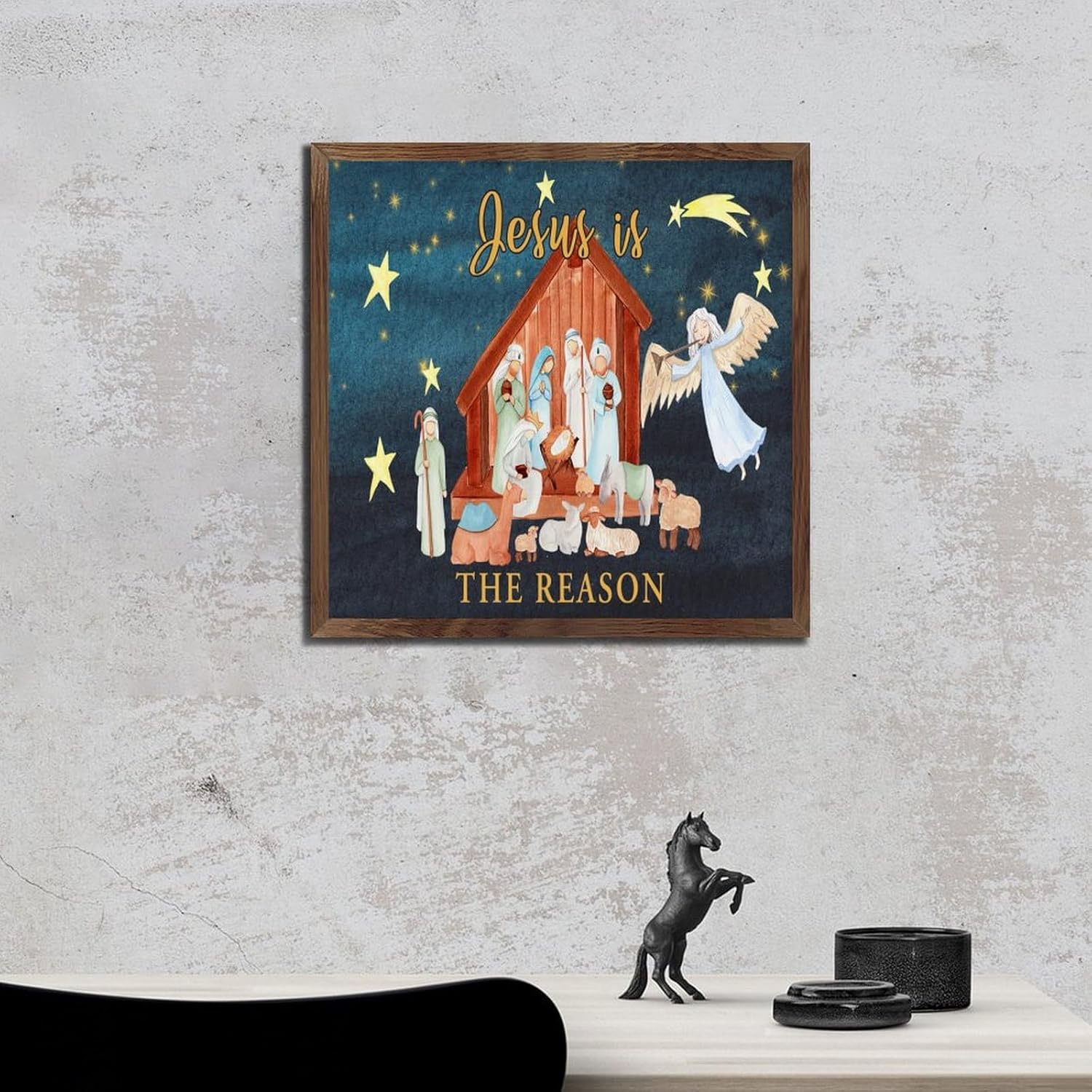 Christmas Nativity Scene Wood Framed Sign 7x7in