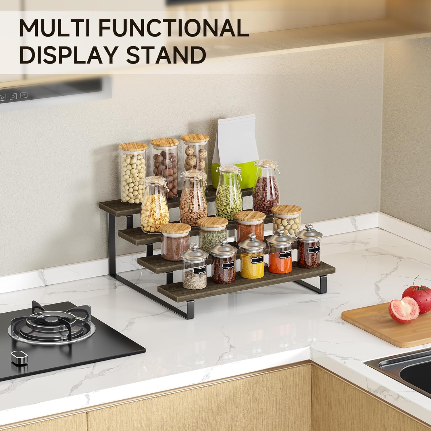 4 Tier Wooden Perfume Display Stand with Metal Frame