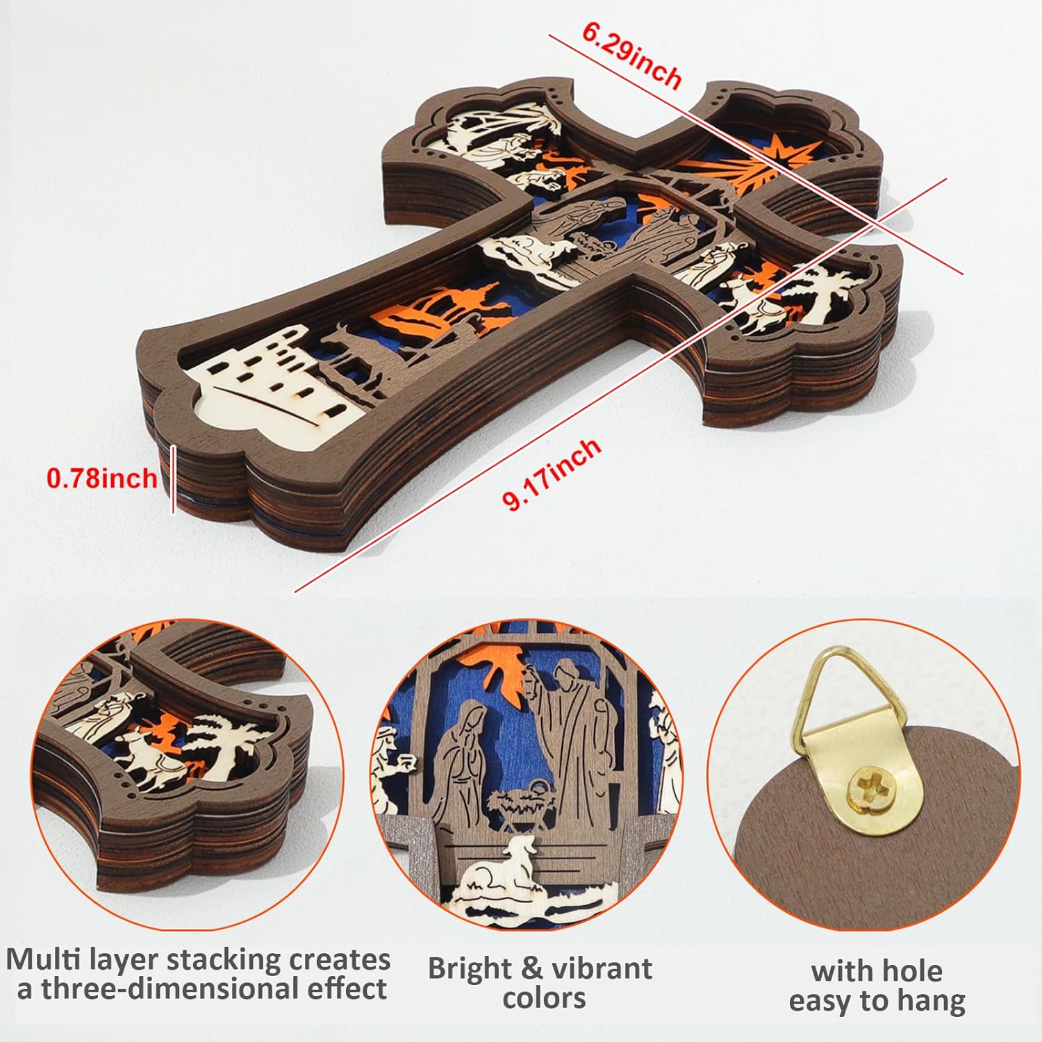 KOMI Wooden Wall Cross with Nativity Scene 9 Inch