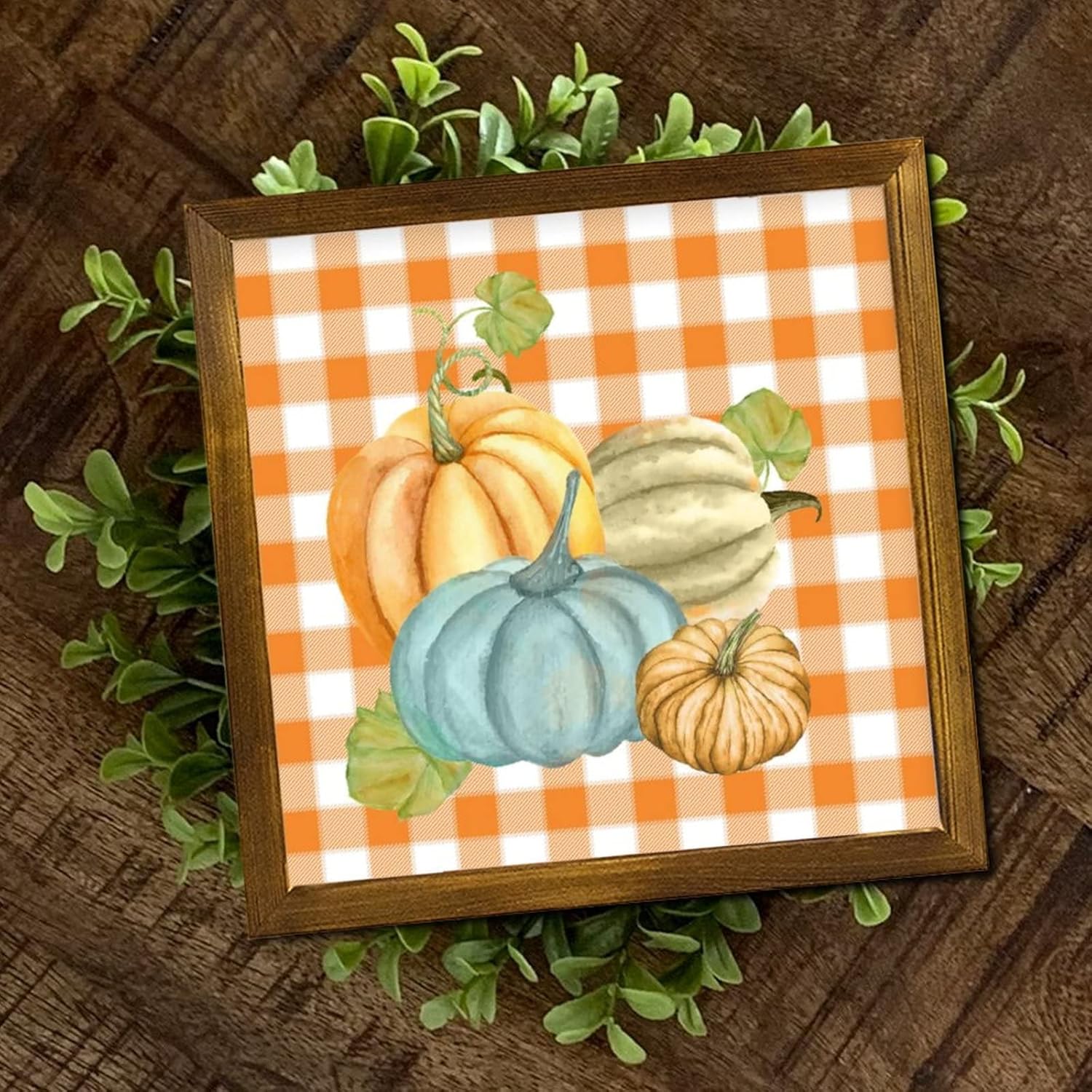 Farmhouse Pumpkin Watercolor Buffalo Plaid Framed Wooden Sign