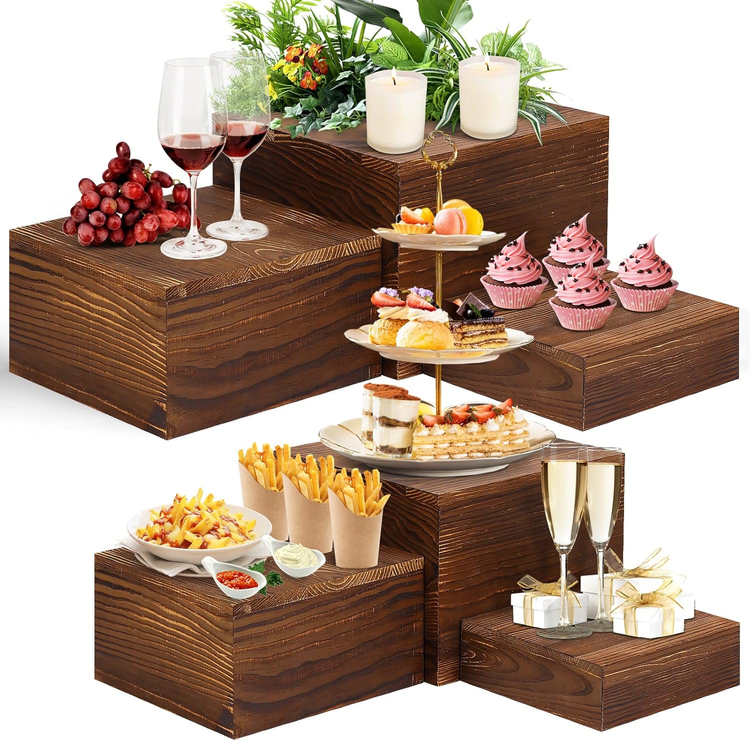 6 Pack Rustic Wood Risers Display Stands for Party and Buffet