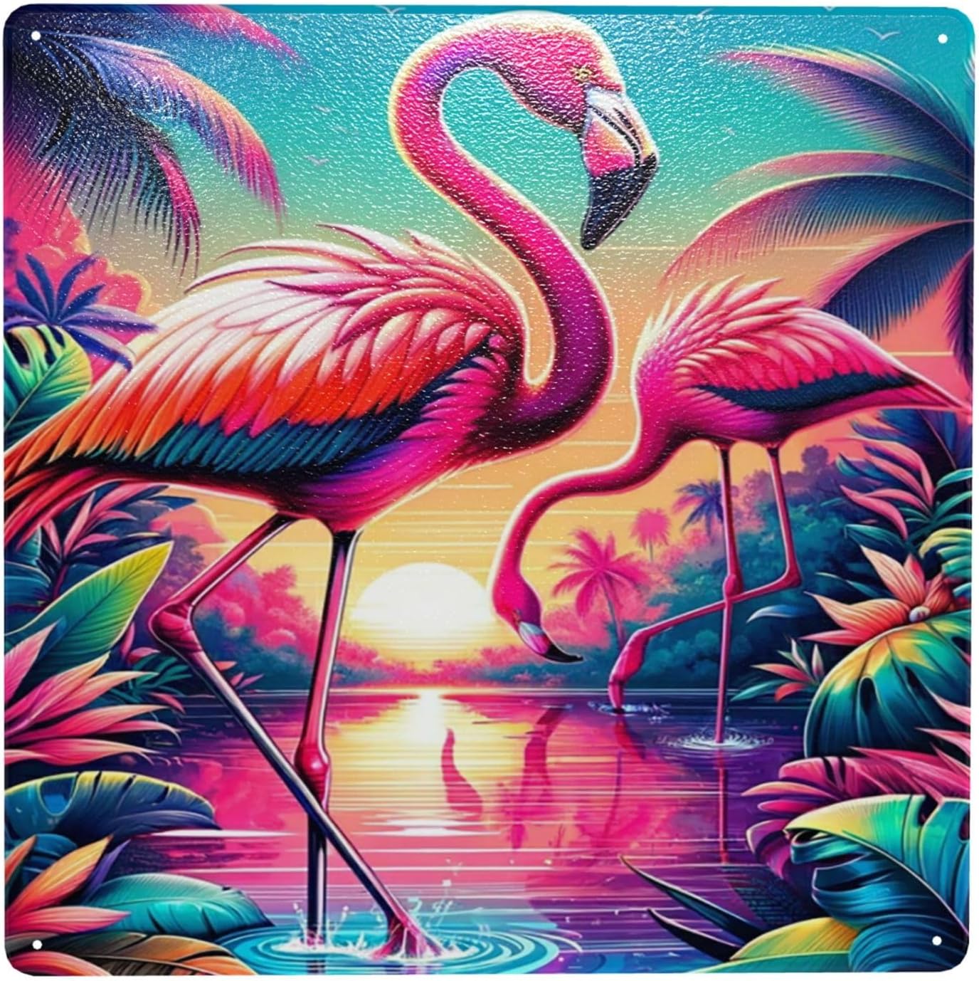 Tropical Sunset Flamingos Metal Wall Sign Decor