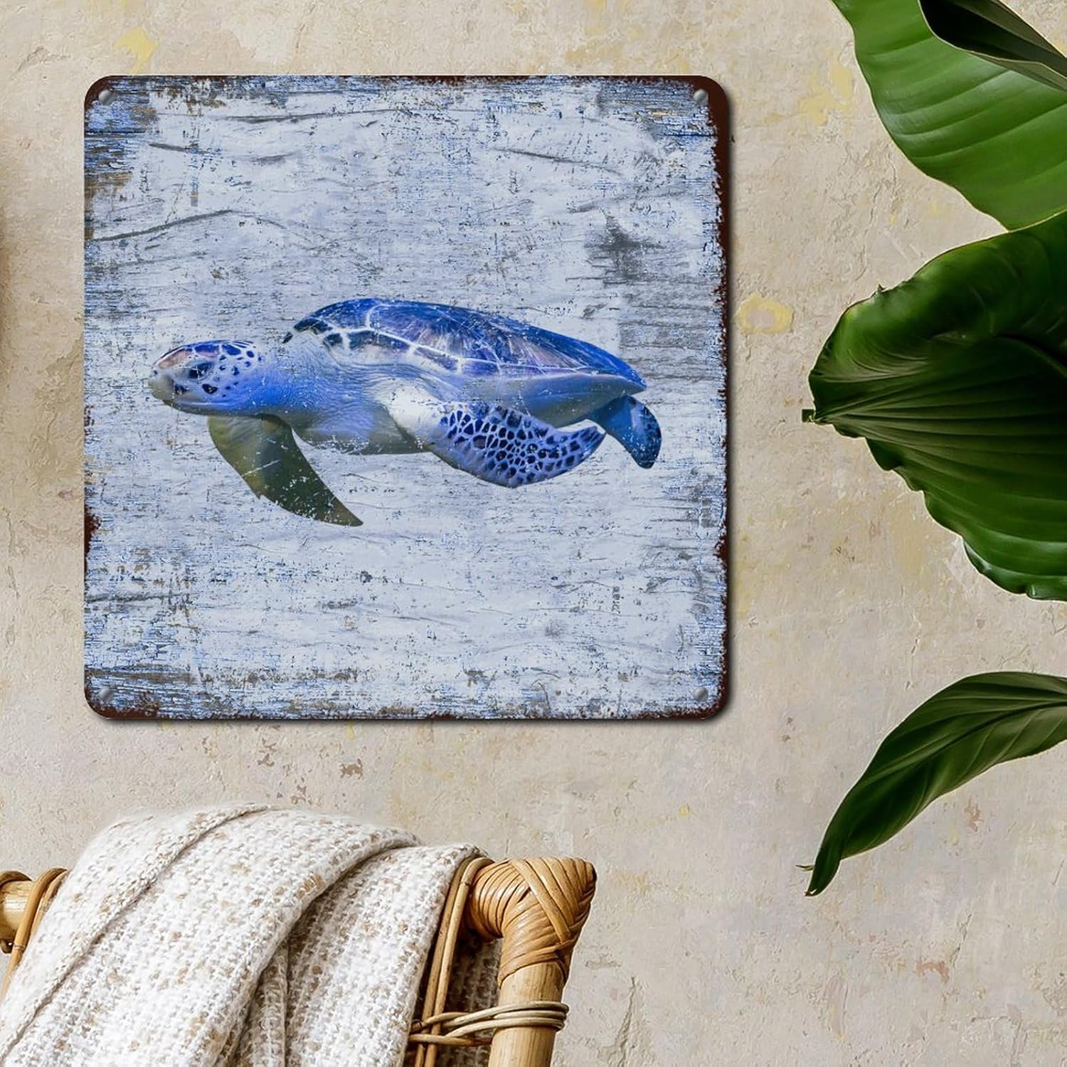 Coastal Ocean Theme Blue Sea Turtle Wall Sign 15x15in