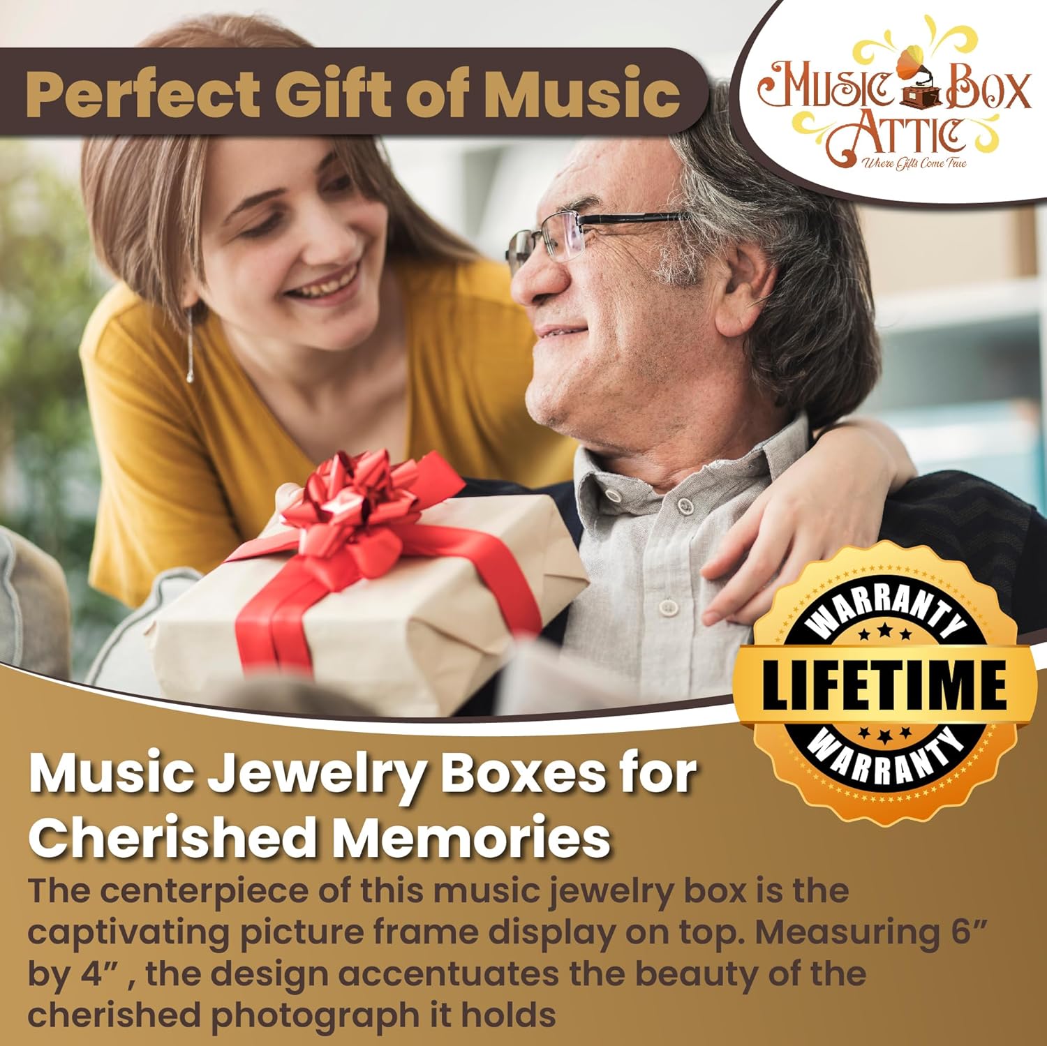 Modern 4x6 Photo Frame Musical Jewelry Box with Floral Motifs