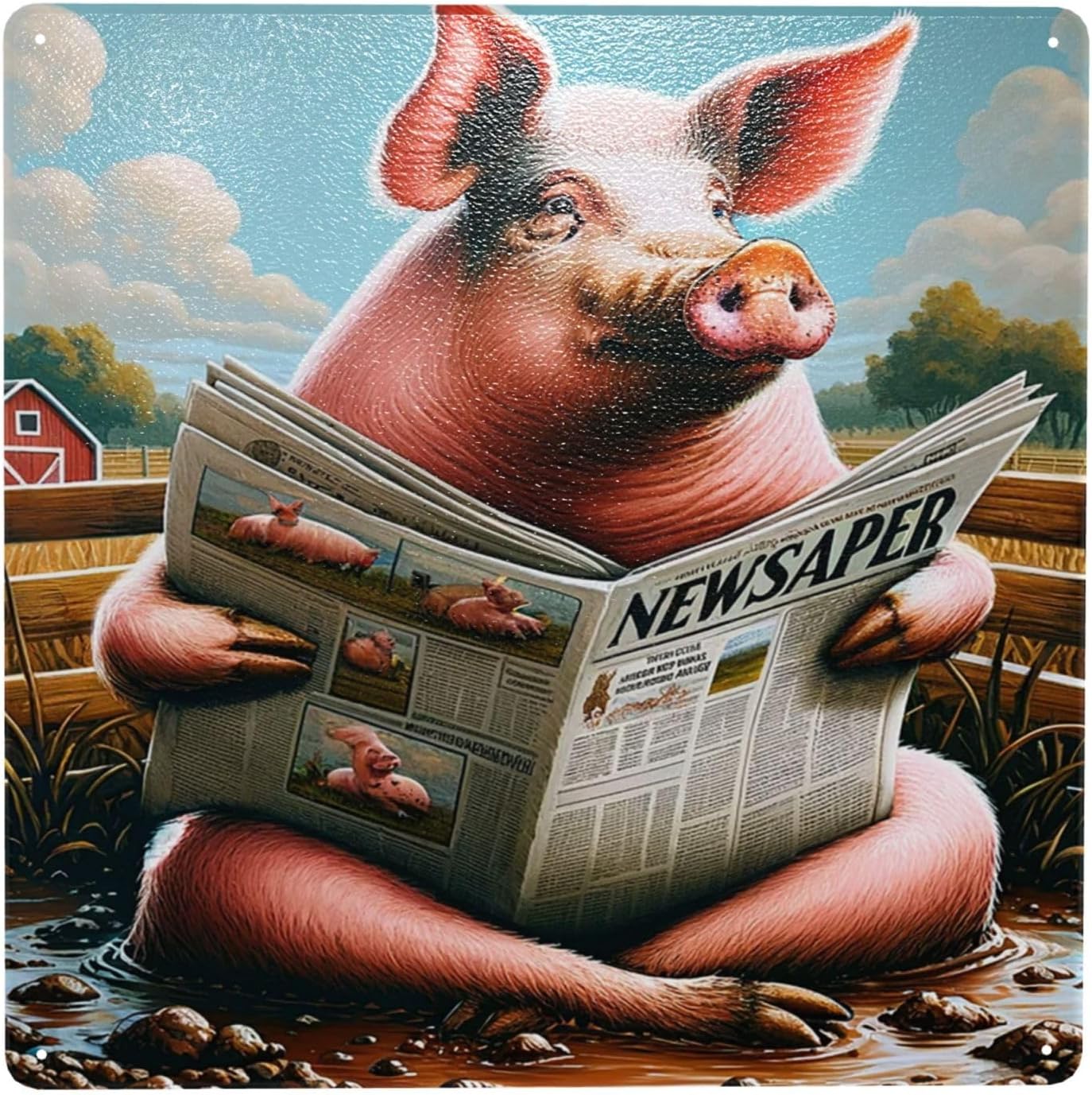 Rustic Farmhouse Pig Whimsical Metal Tin Sign Wall Art 12x12inch