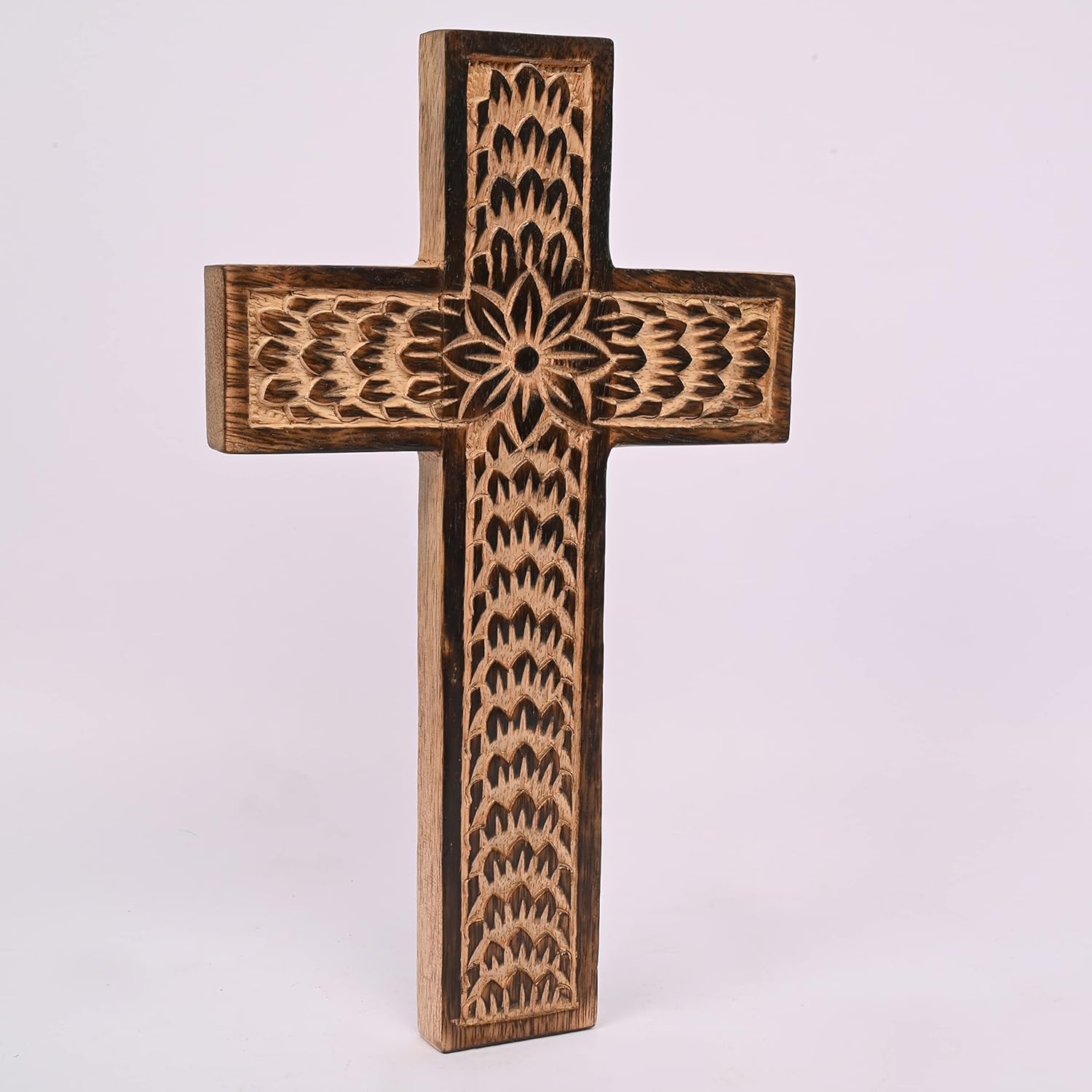 Samhita Mango Wood Wall Cross with Floral Design