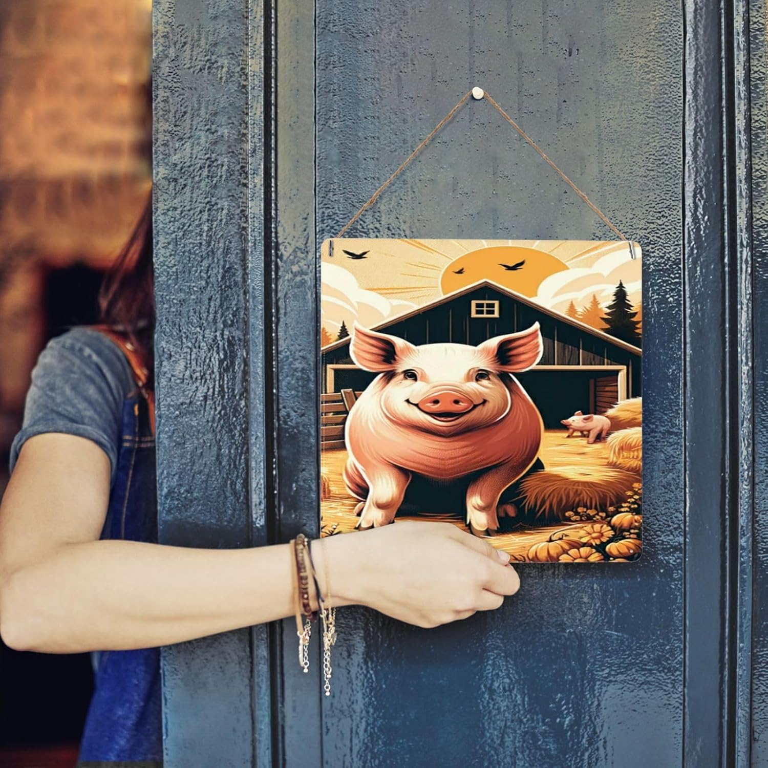 Cheerful Pig Barnyard Metal Wall Art 8x8 Inch