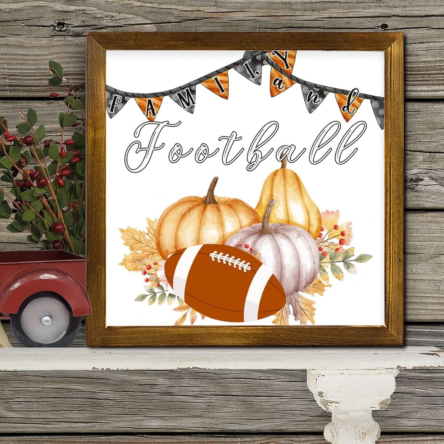 Family and Football Wood Framed Sign 12x12 Inch Wall Decor