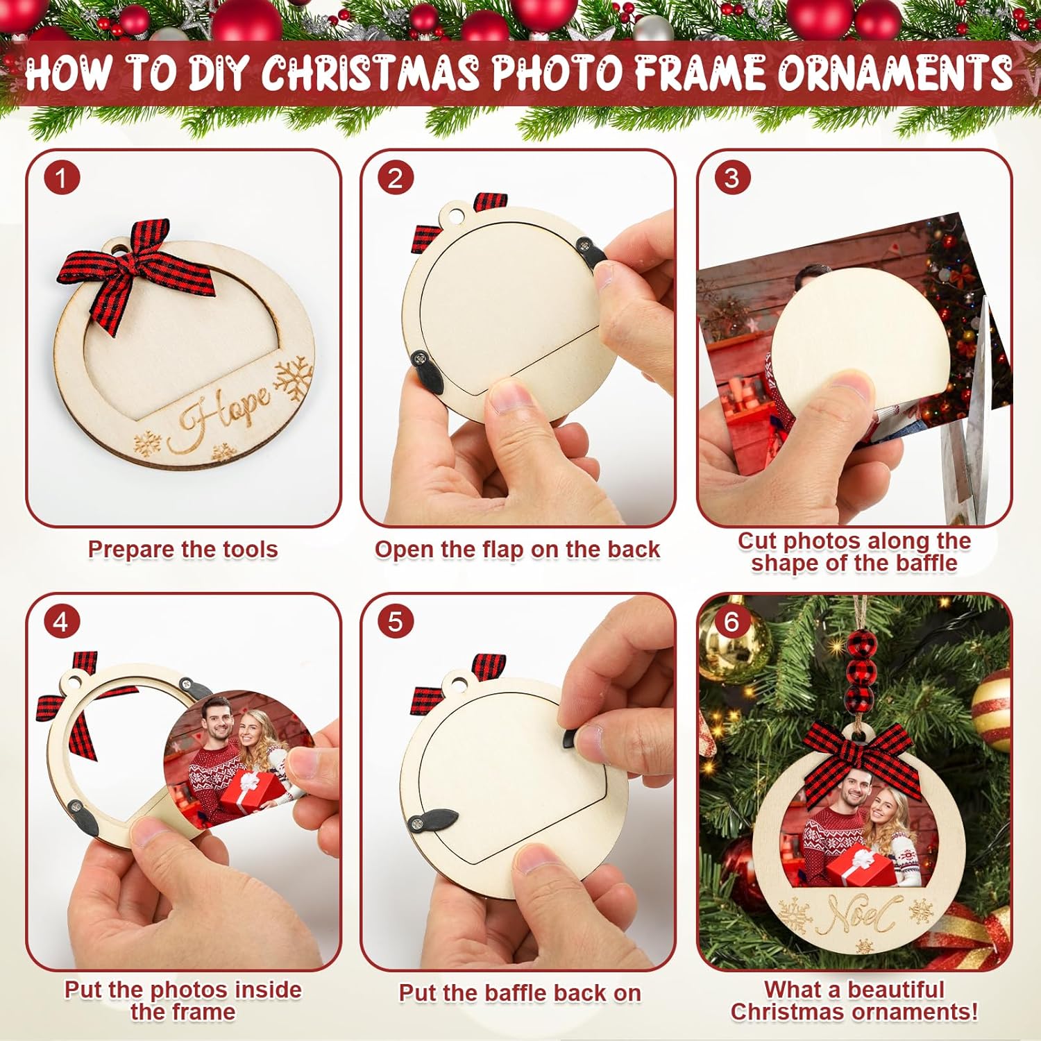 COCHIE Christmas Picture Frame Ornaments 10PCS Red Black Buffalo Check