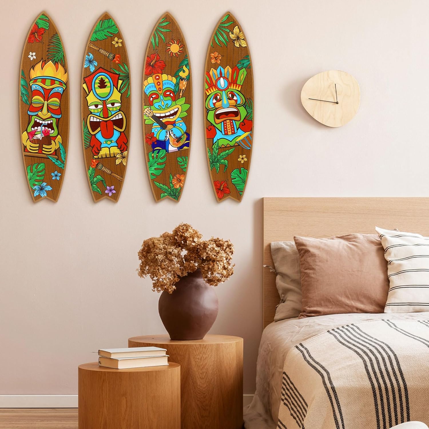 Blulu 4 Pcs Surfboard Wall Decor Wooden Tiki Sign