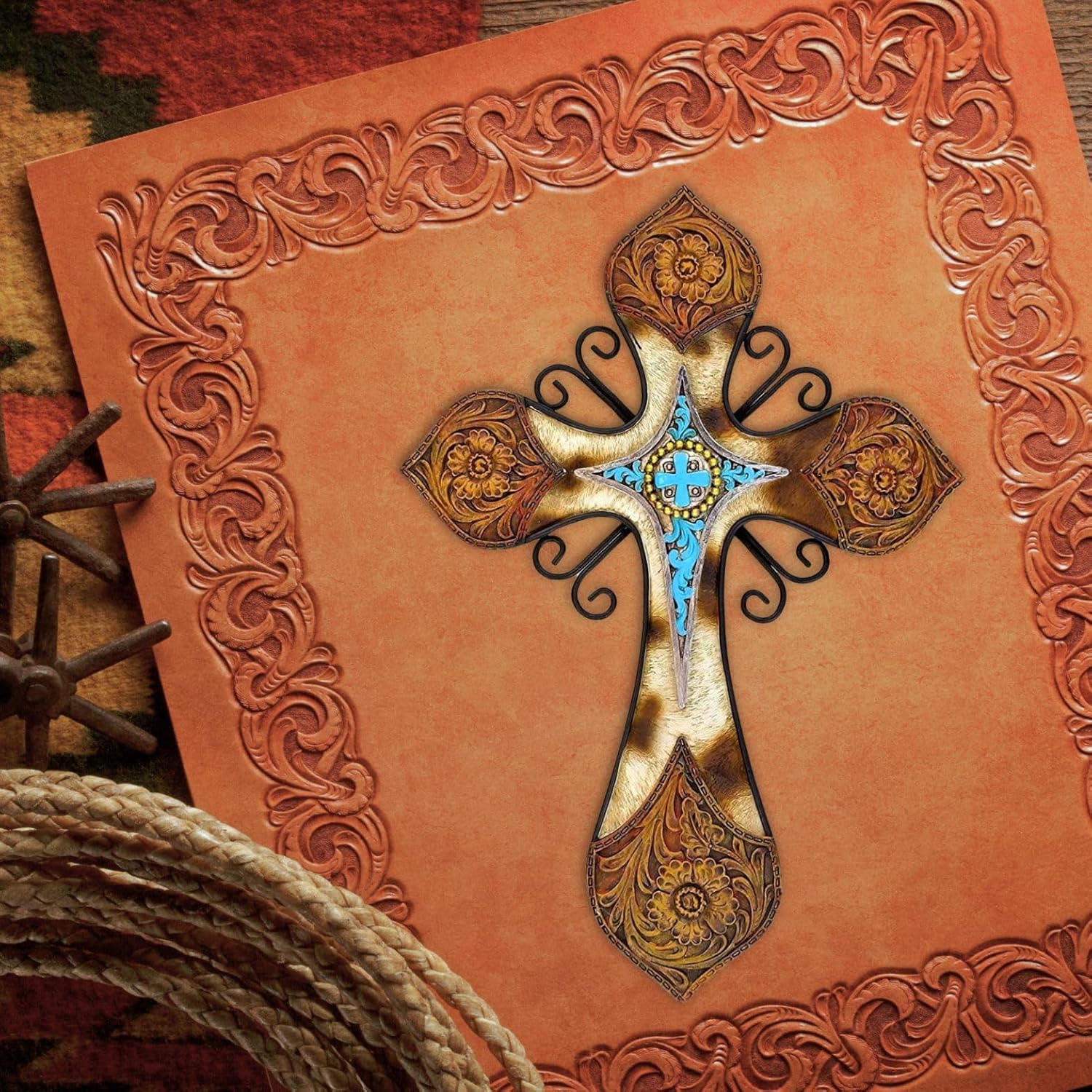 Rustic Western Style Wall Cross with Turquoise and Floral Design