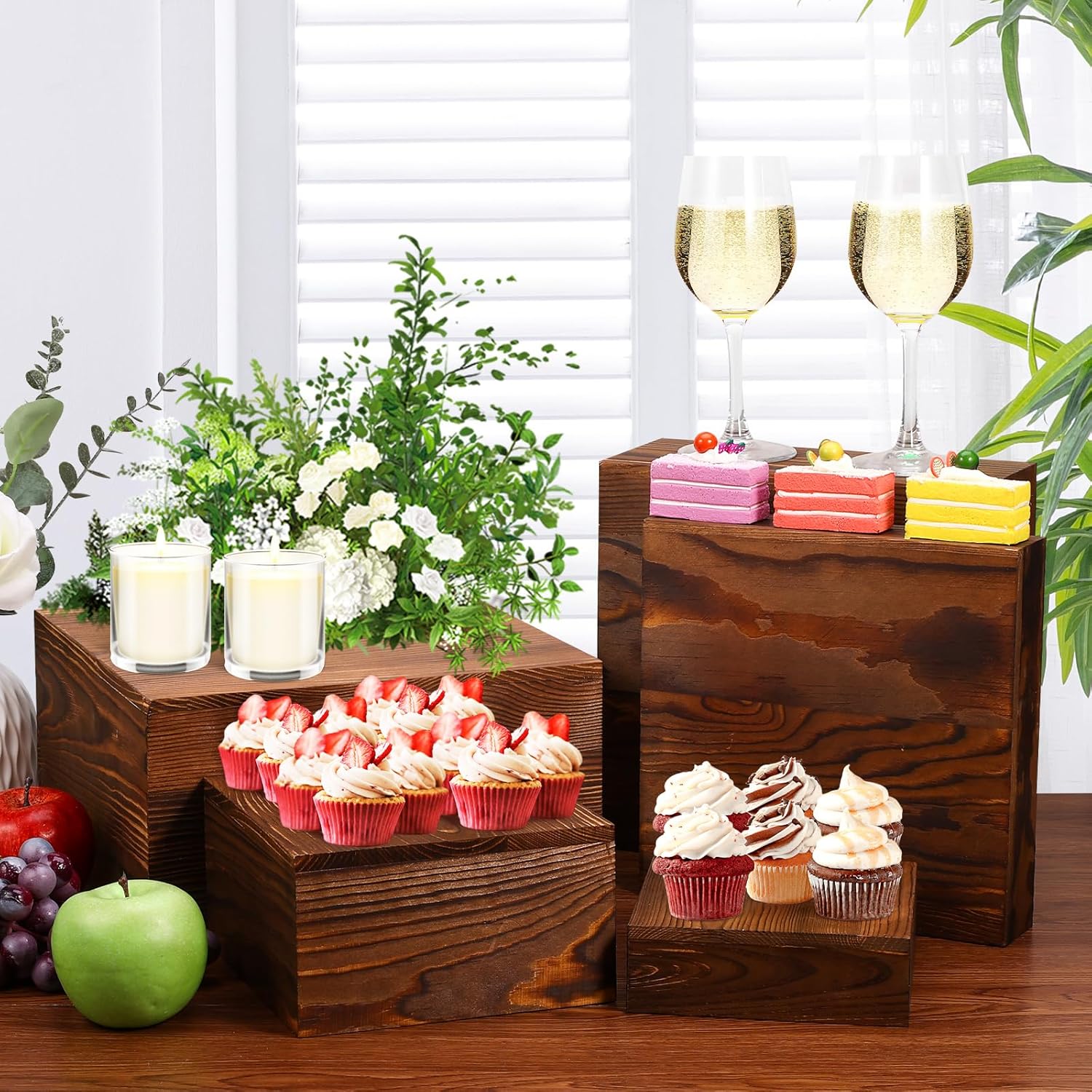 6 Pack Rustic Wood Risers Display Stands for Party and Buffet