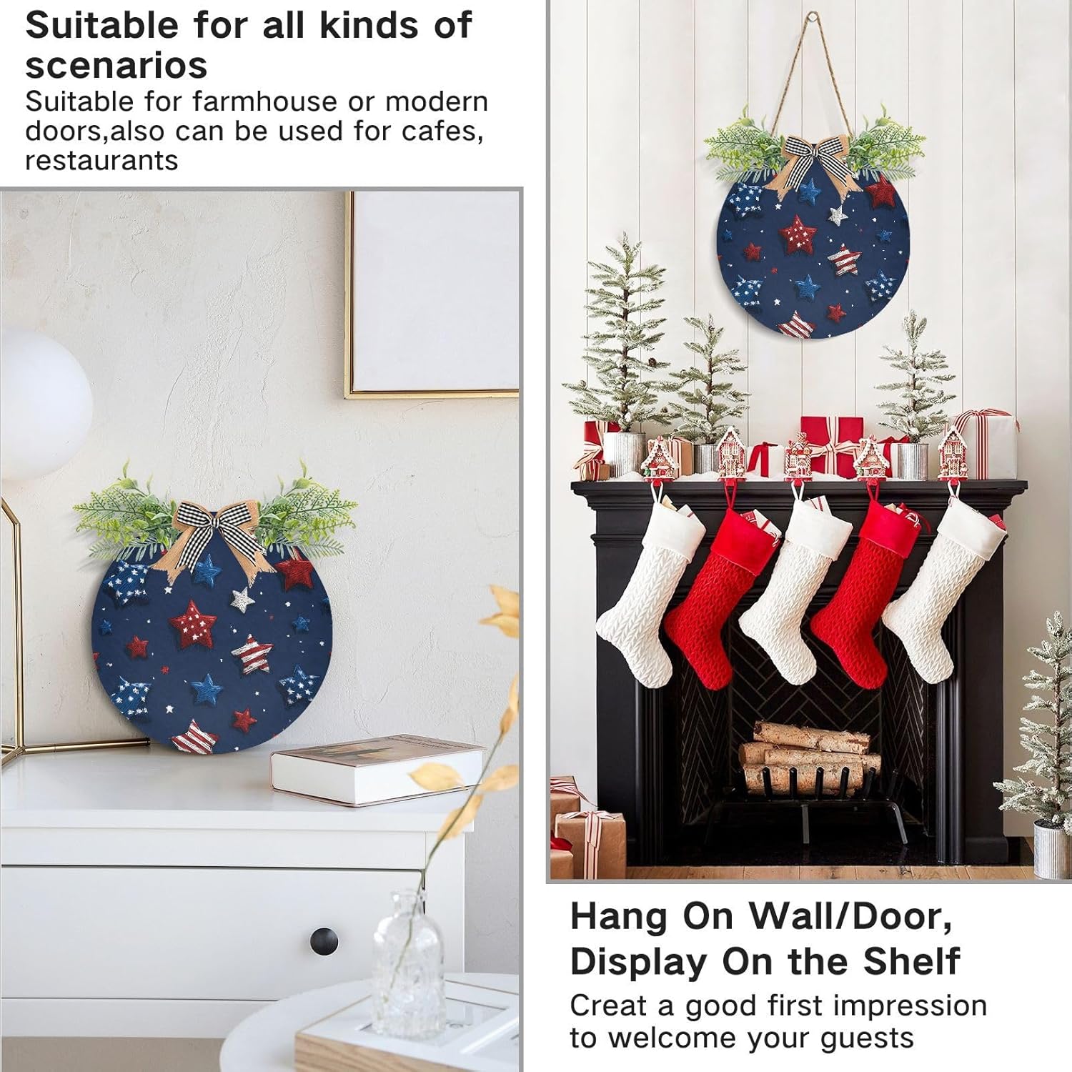 Patriotic White Blue Stars Door Wreath Decor
