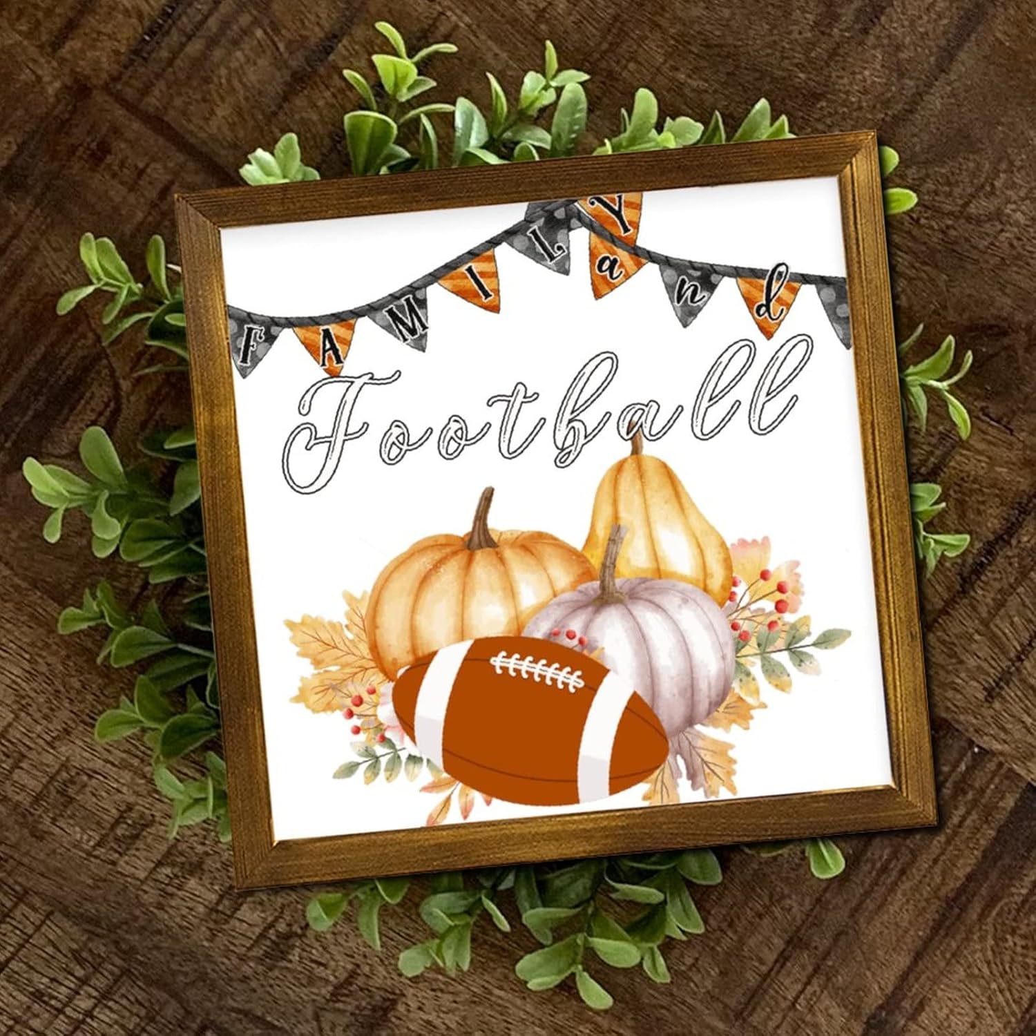 Family and Football Wood Framed Sign 12x12 Inch Wall Decor