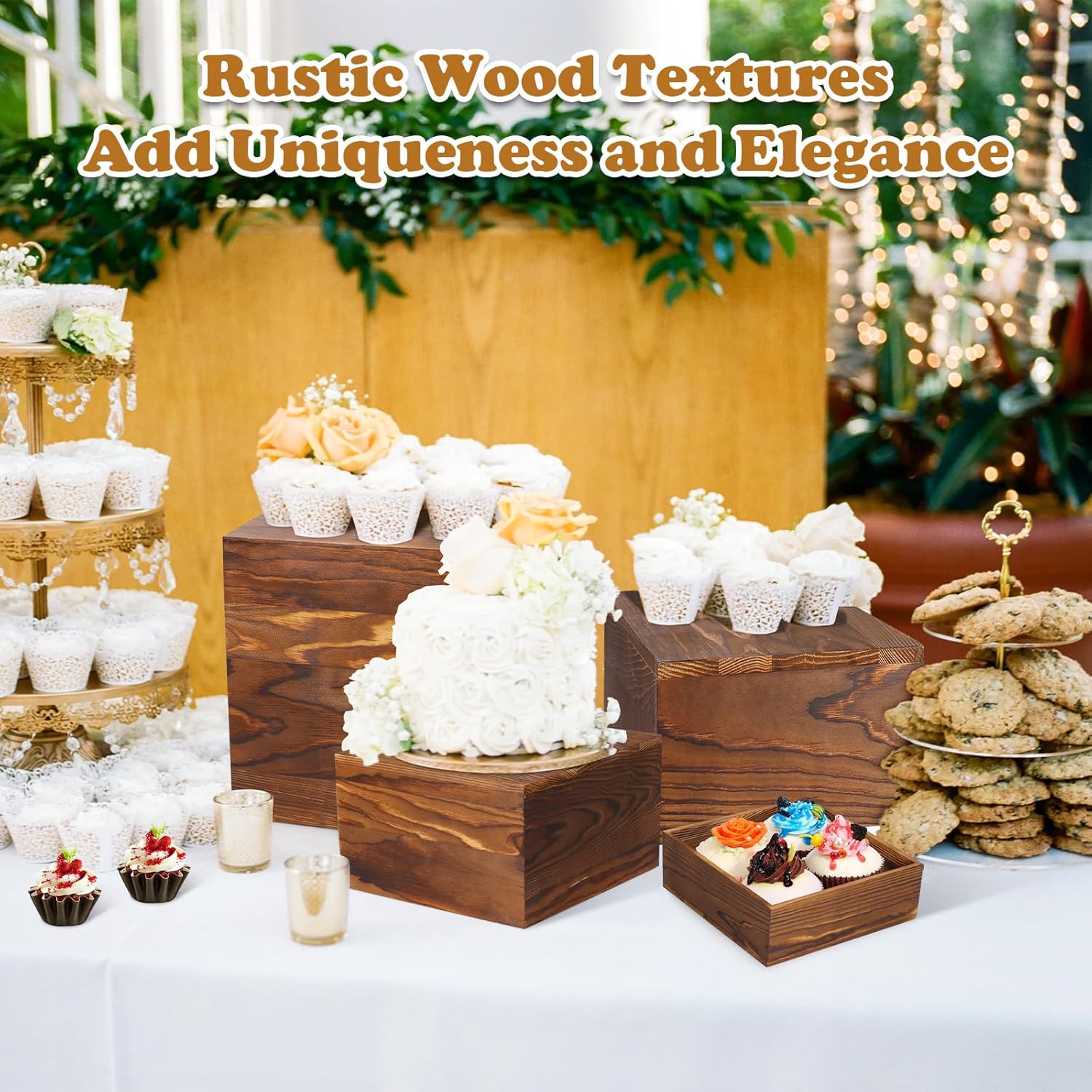 6 Pack Rustic Wood Risers Display Stands for Party and Buffet