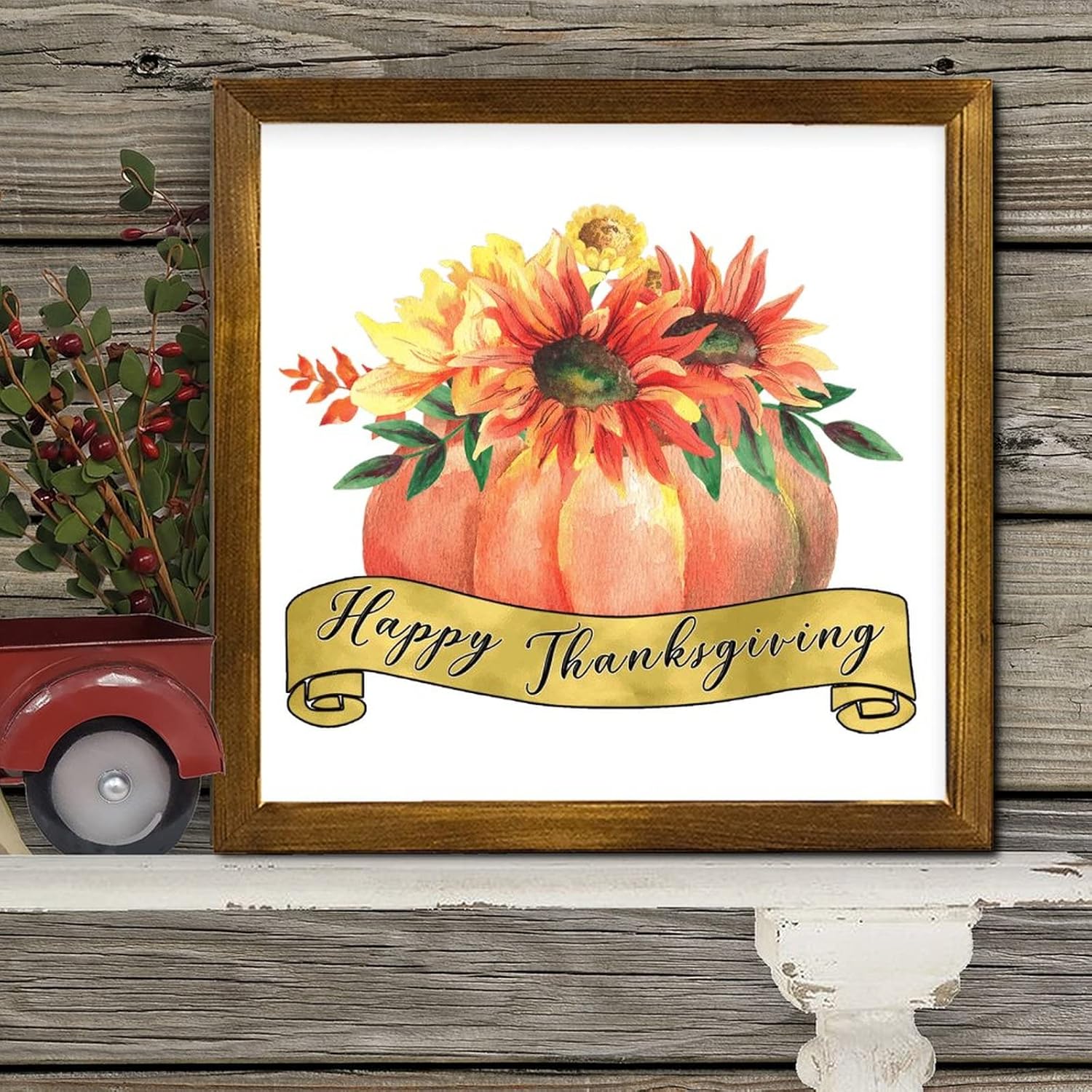 Happy Thanksgiving Wood Framed Sign 12x12 Inch