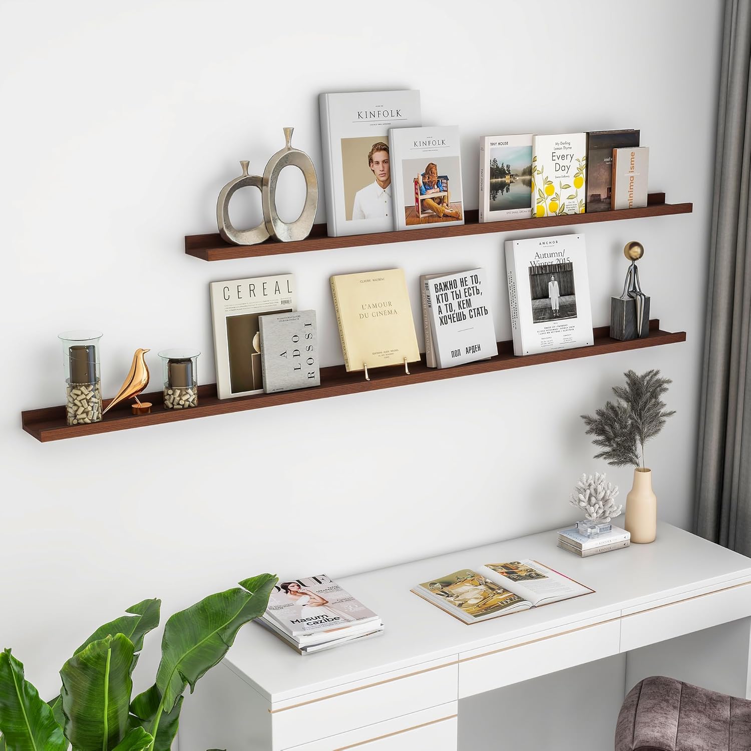Acovy Solid Ash Wood Floating Shelves Set of 2 48 Inch Long Walnut