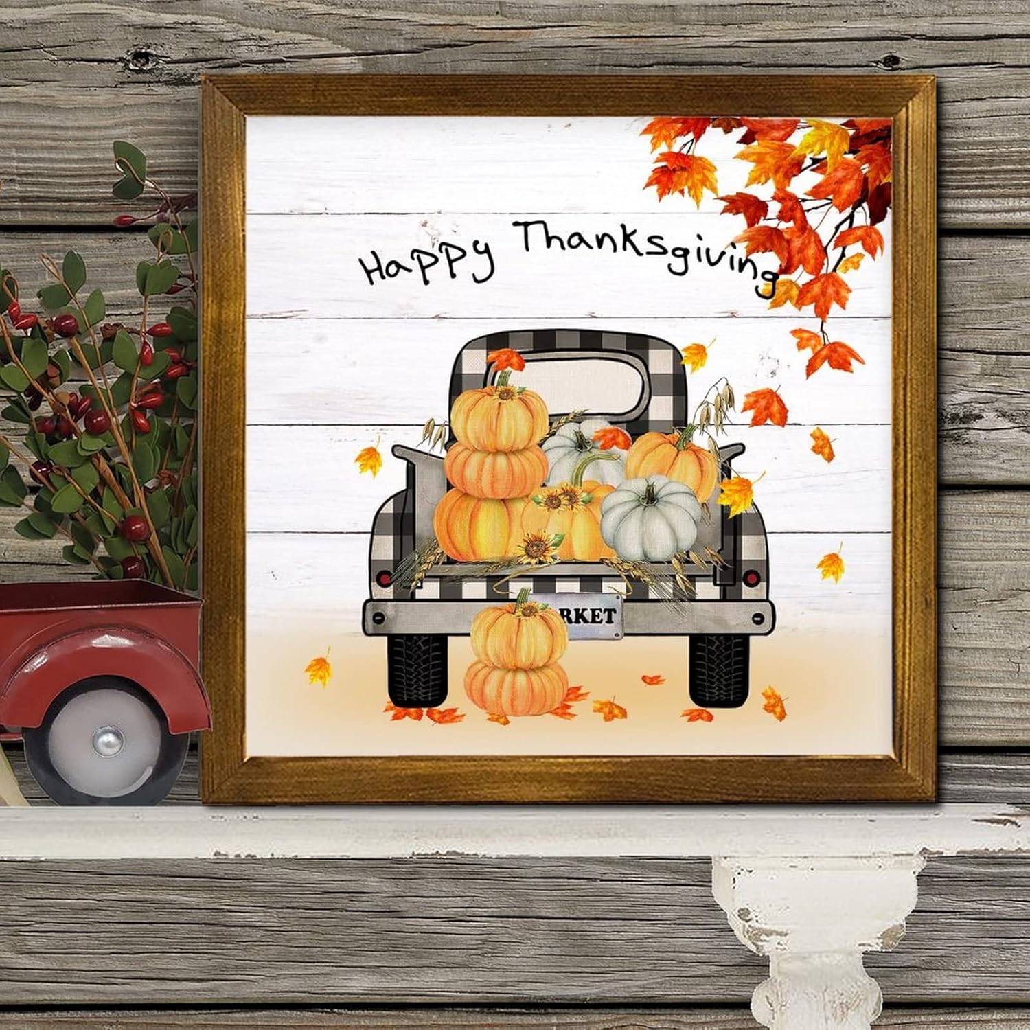 Happy Thanksgiving Pumpkin Plaid Truck Wooden Wall Sign