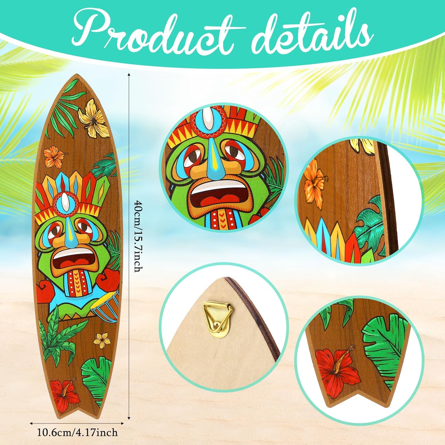 Blulu 4 Pcs Surfboard Wall Decor Wooden Tiki Sign