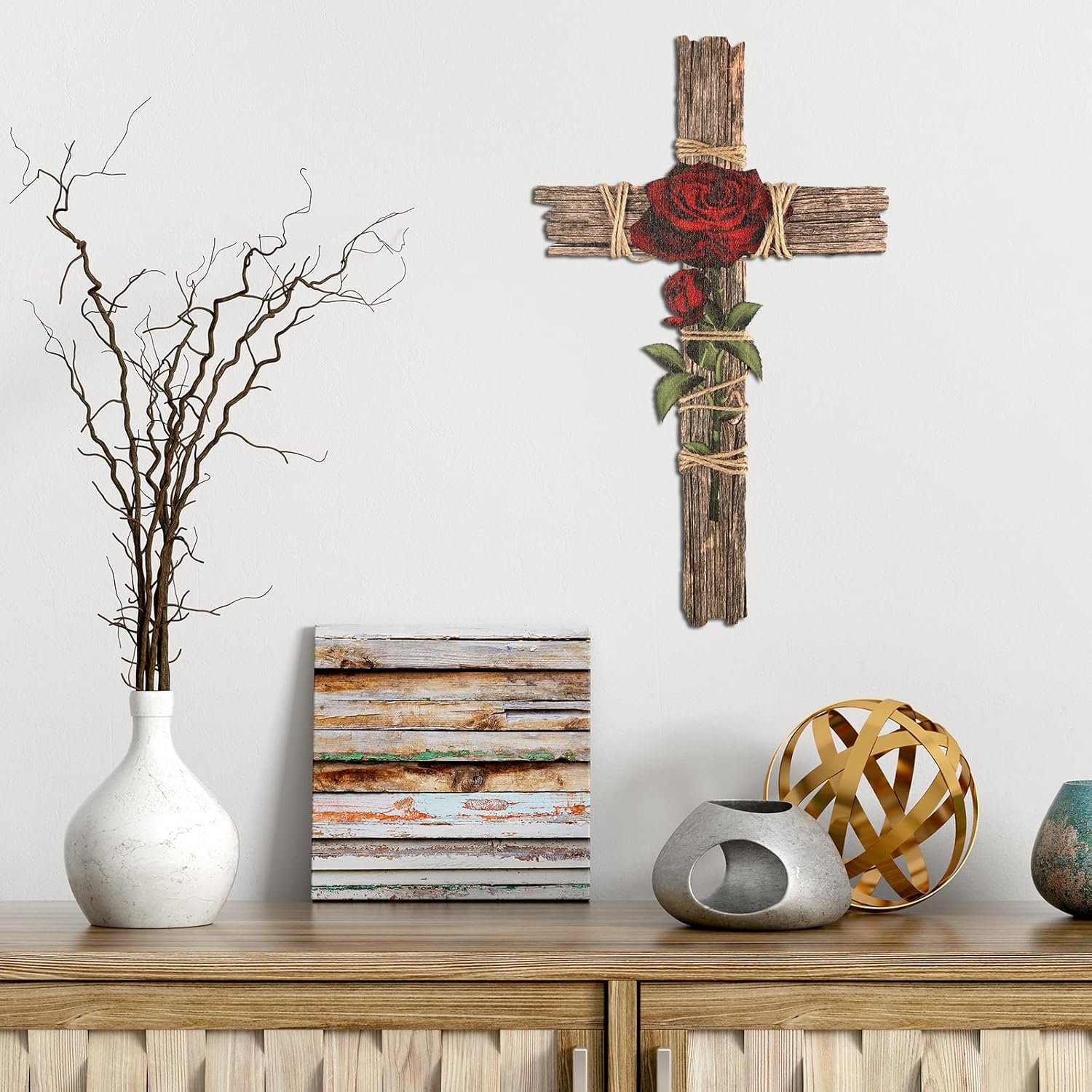 Chunful Wooden Wall Cross with Hemp Rope and Rose