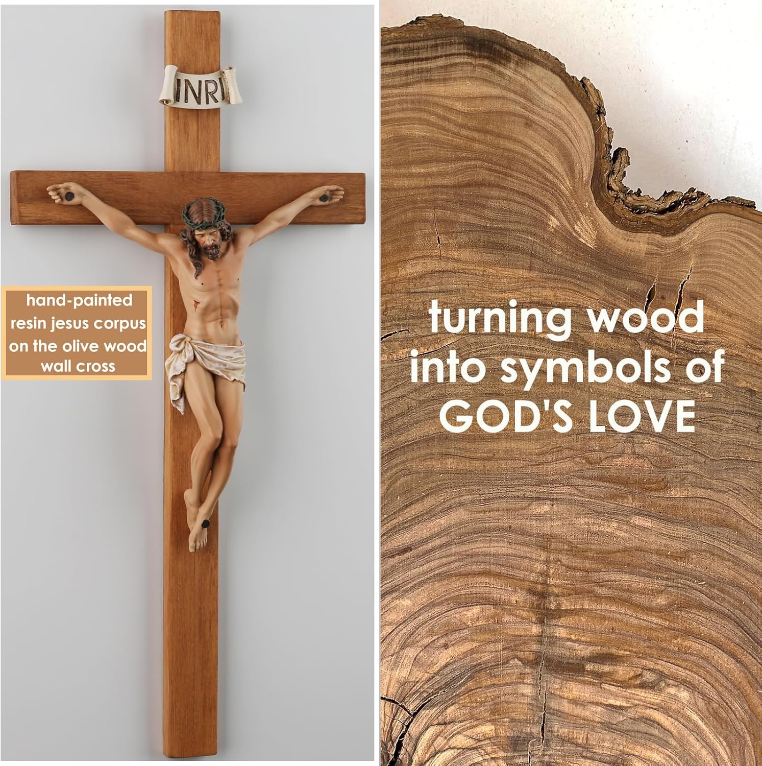 14 Inch Olive Wood Wall Cross with Painted Jesus