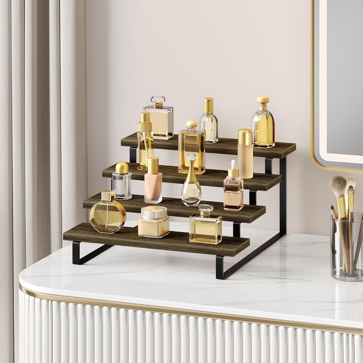 4 Tier Wooden Perfume Display Stand with Metal Frame