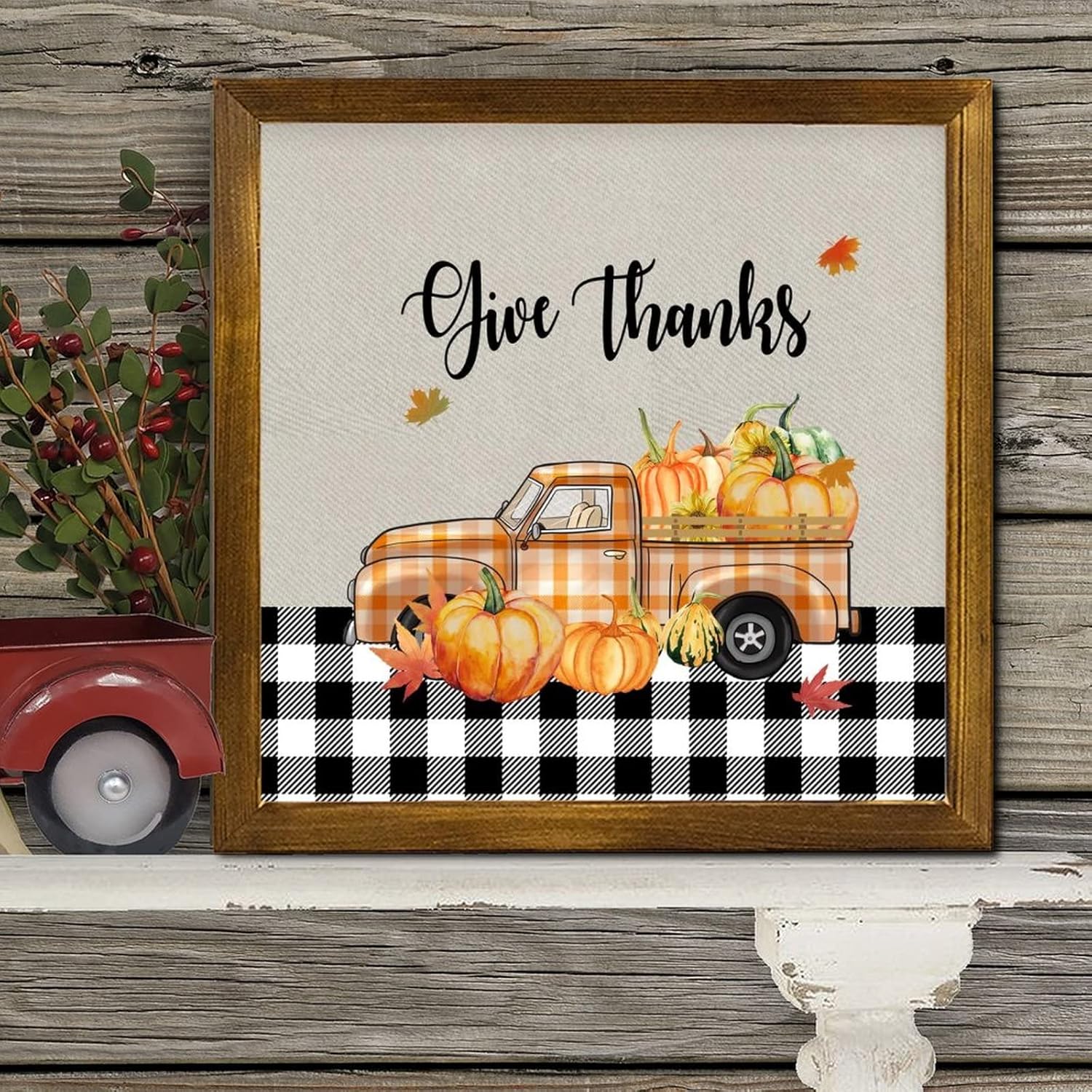 Give Thanks Pumpkin Orange Plaid Truck Wood Wall Sign 12x12 inch