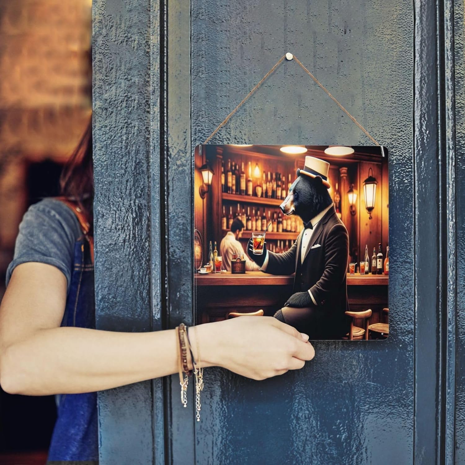 Sophisticated Bear Bartender Retro Metal Wall Art