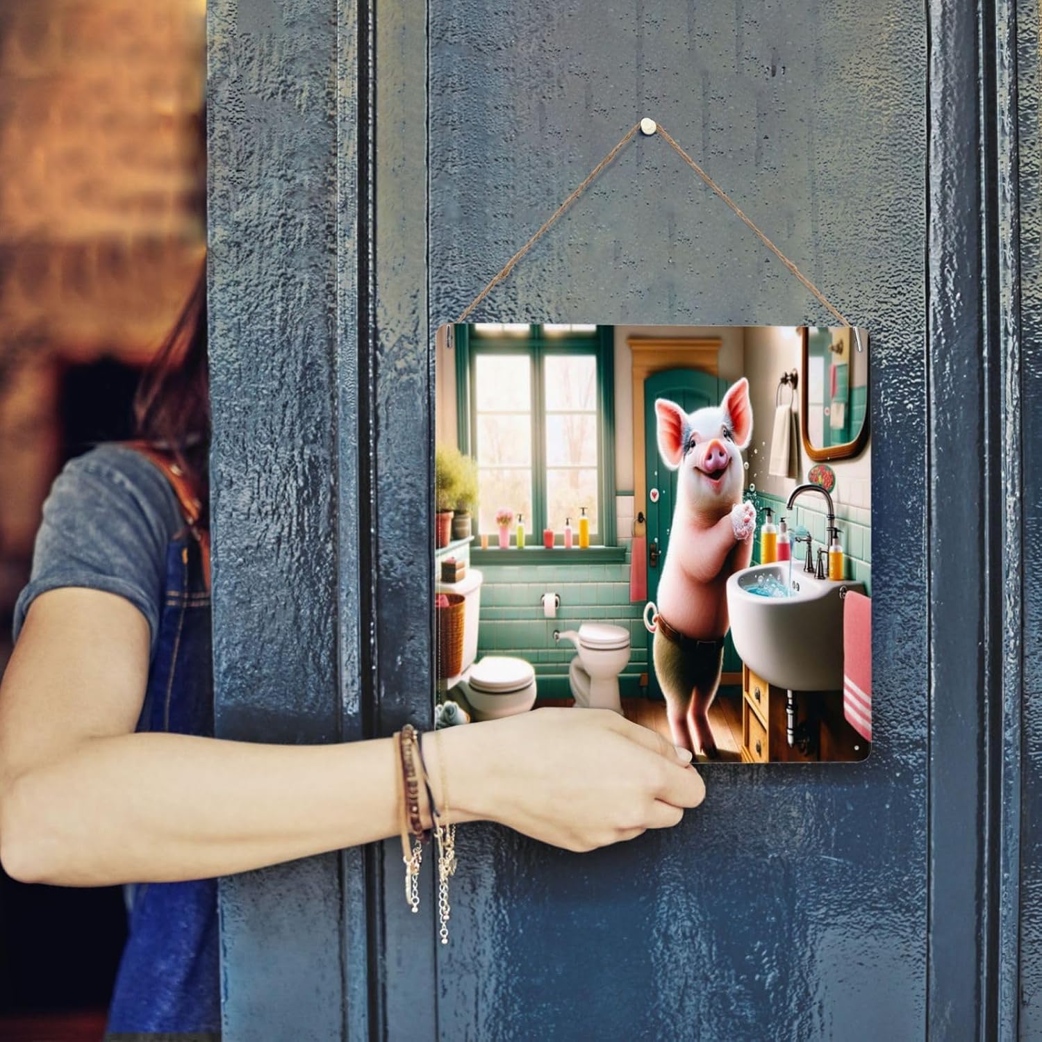 Cheerful Piglet Bathroom Decor Metal Tin Sign 1