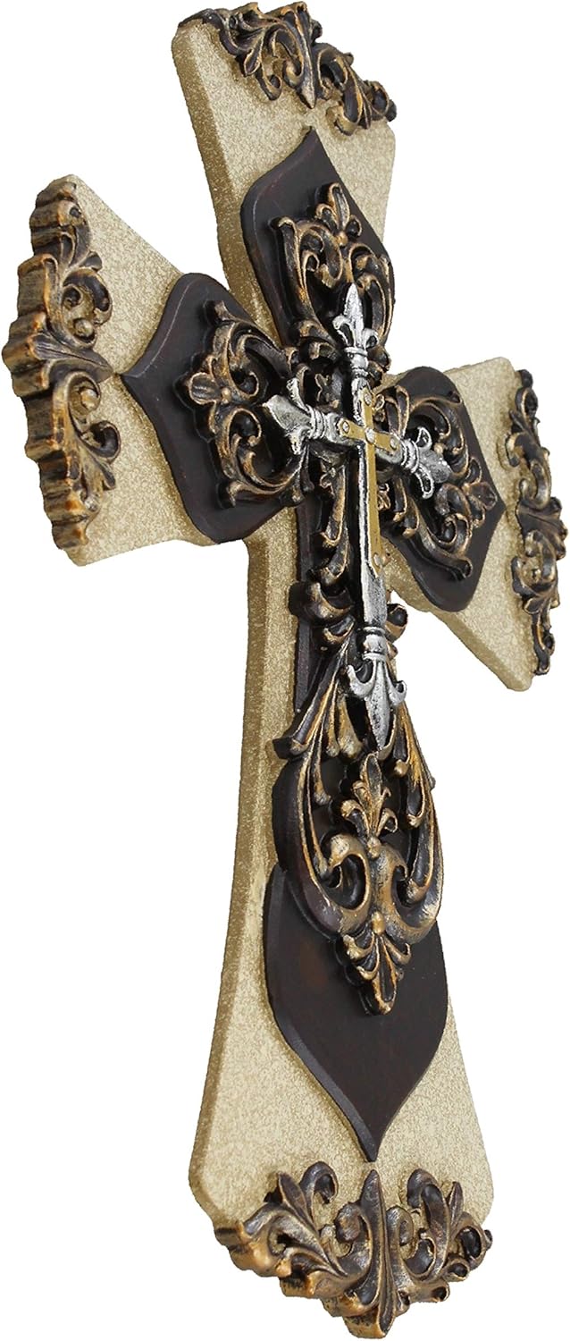 Old River Decorative Layered Tuscan Wall Cross Fleur De Lis