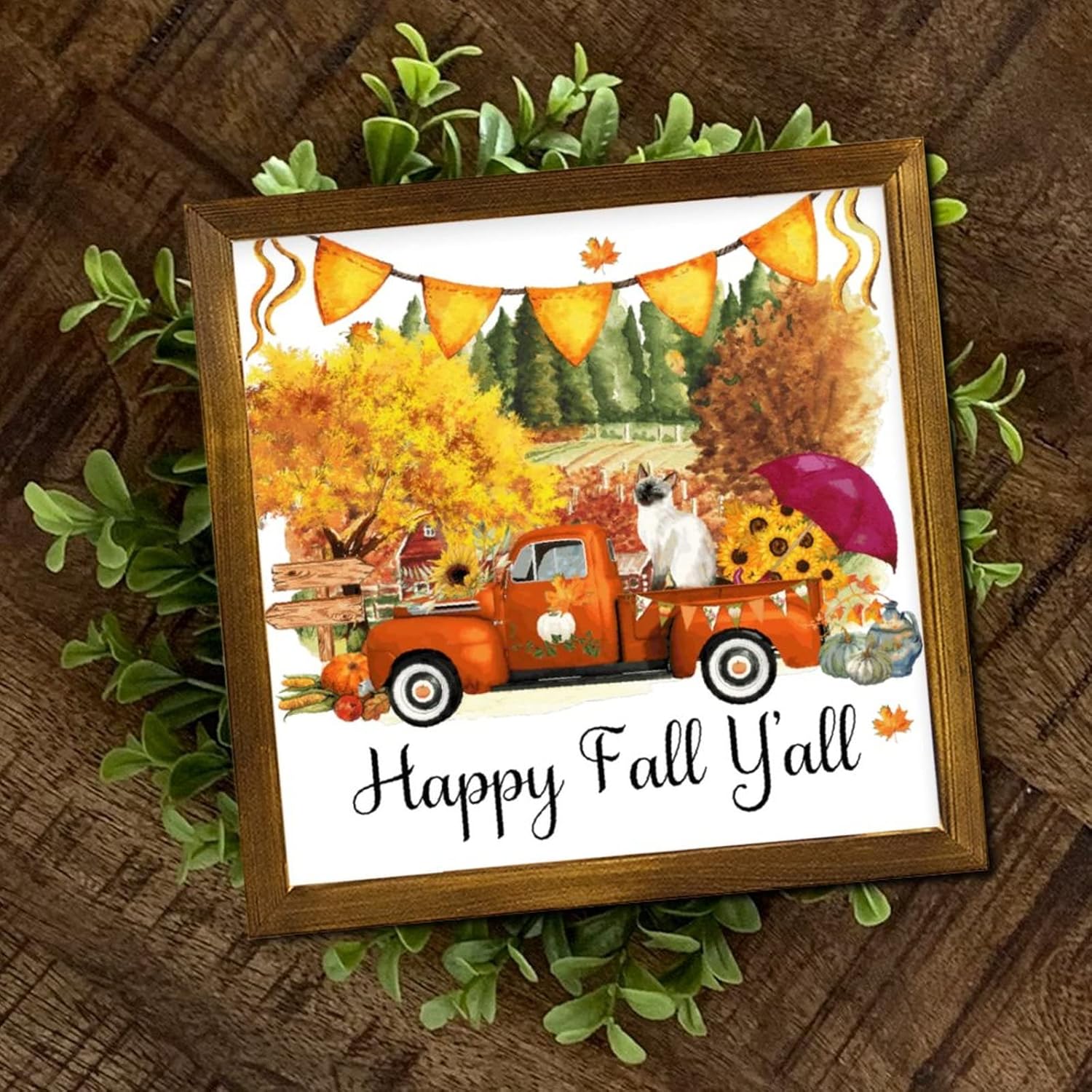 Happy Fall Yall Cat Orange Truck Wood Framed Sign