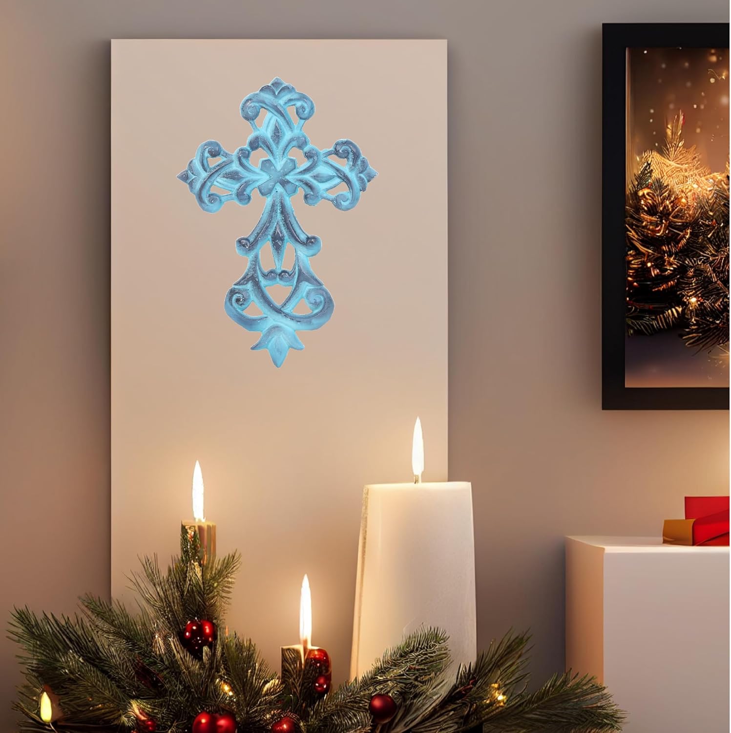 Castleore Wall Hanging Christian Cross Decor Blue Antique Finish