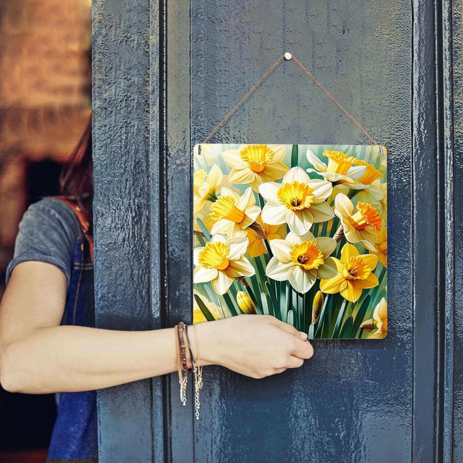 Bright Daffodil Blossoms Metal Wall Sign Decor 8x8inch