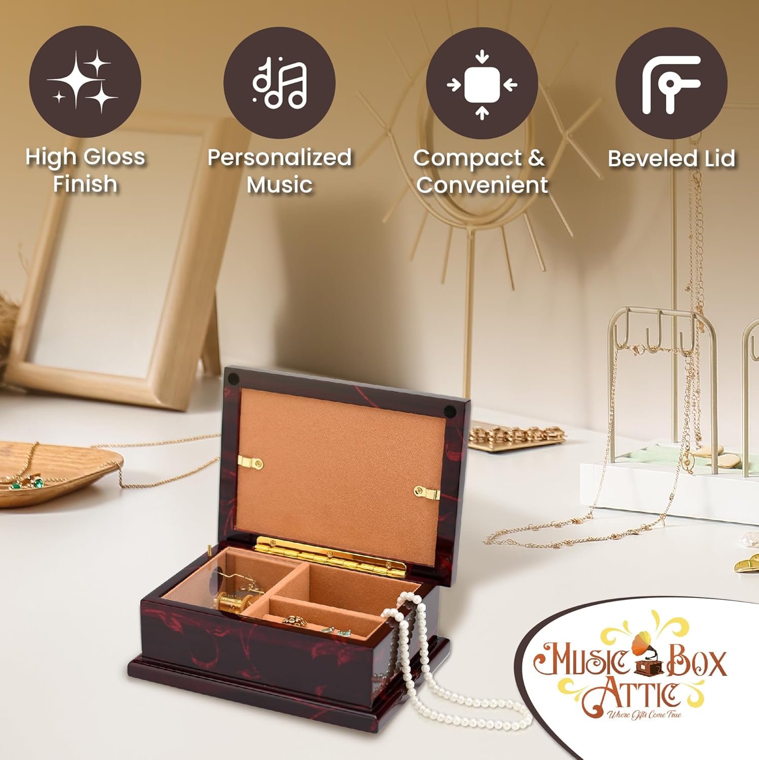 Modern 4x6 Photo Frame Musical Jewelry Box with Floral Motifs