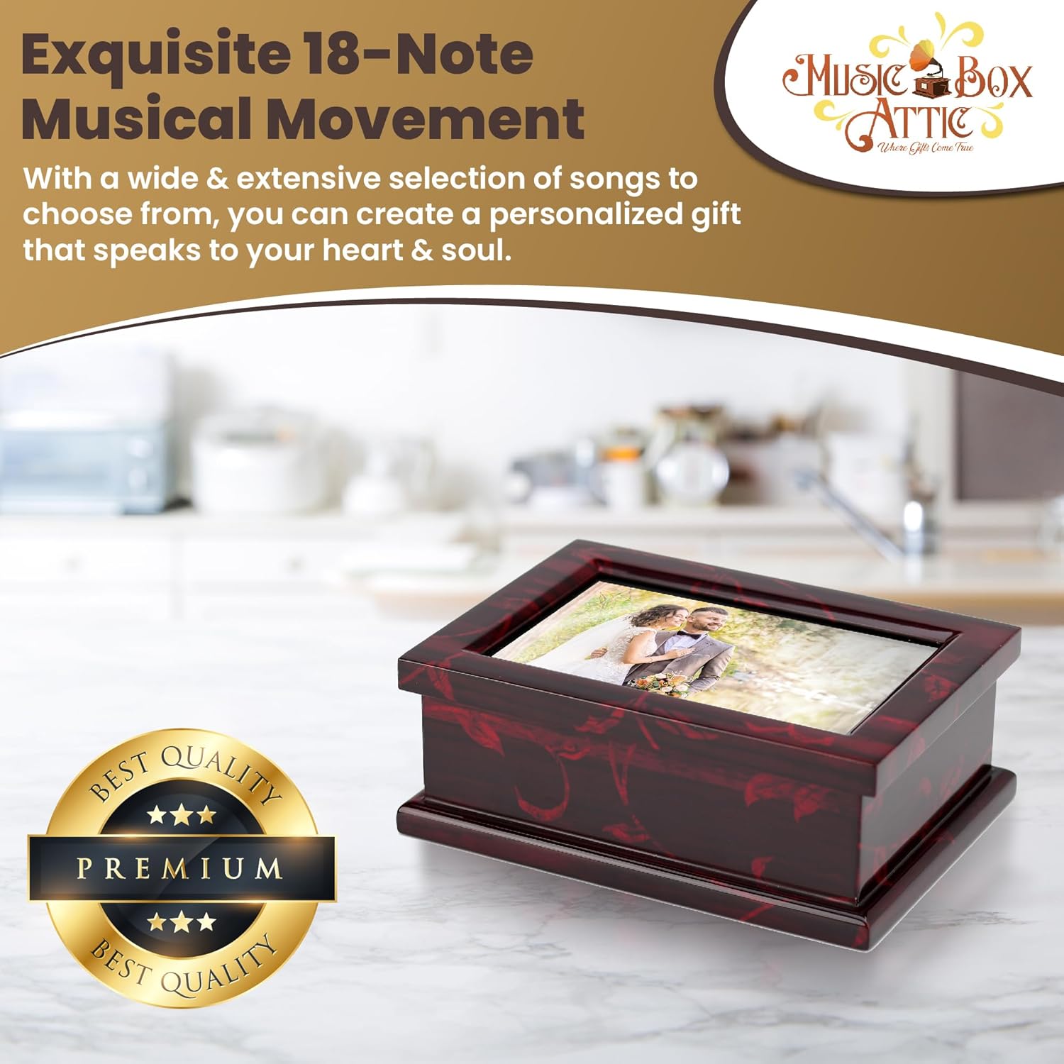 Modern 4x6 Photo Frame Musical Jewelry Box with Floral Motifs
