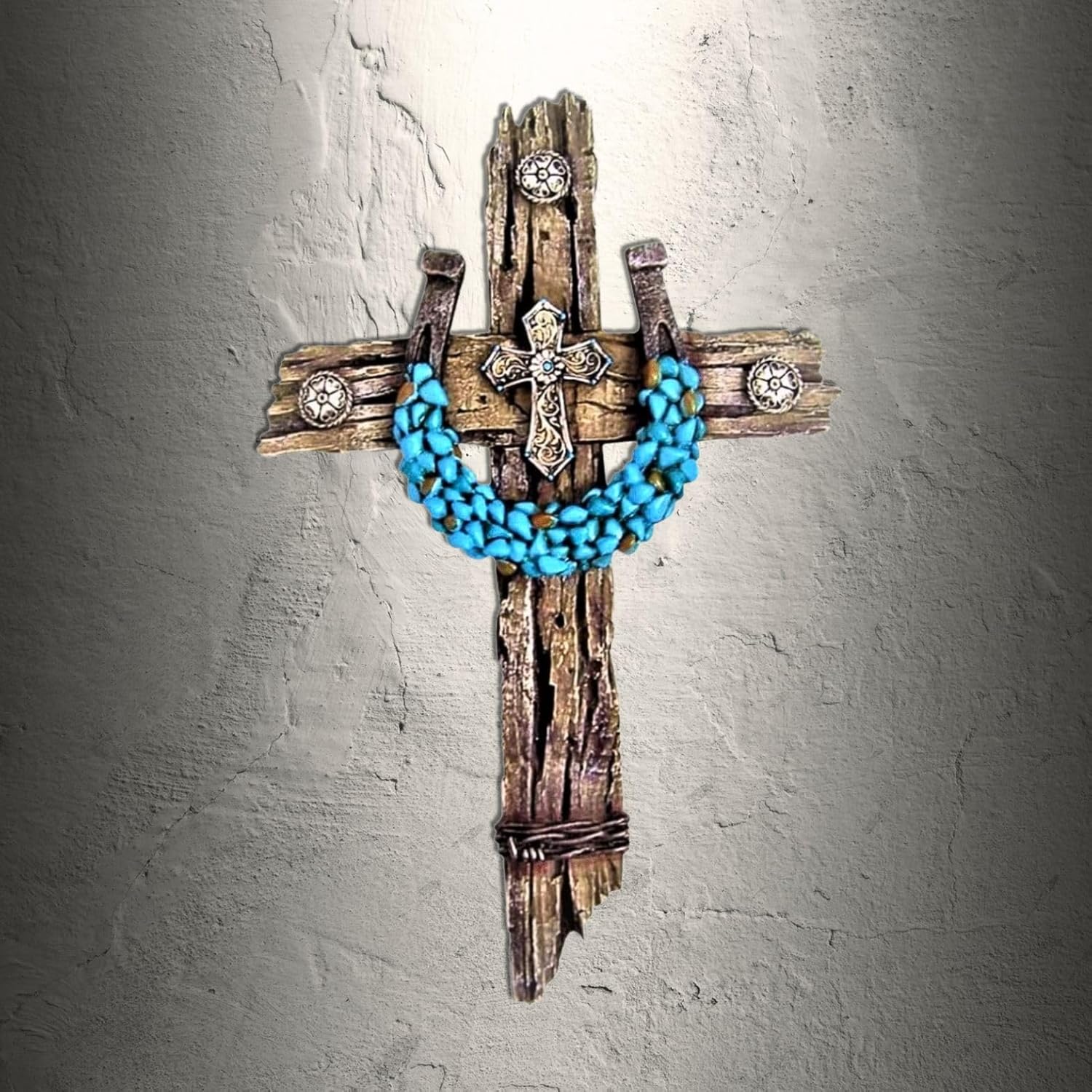 Rustic Drifted Wood Wall Cross with Turquoise Horseshoe