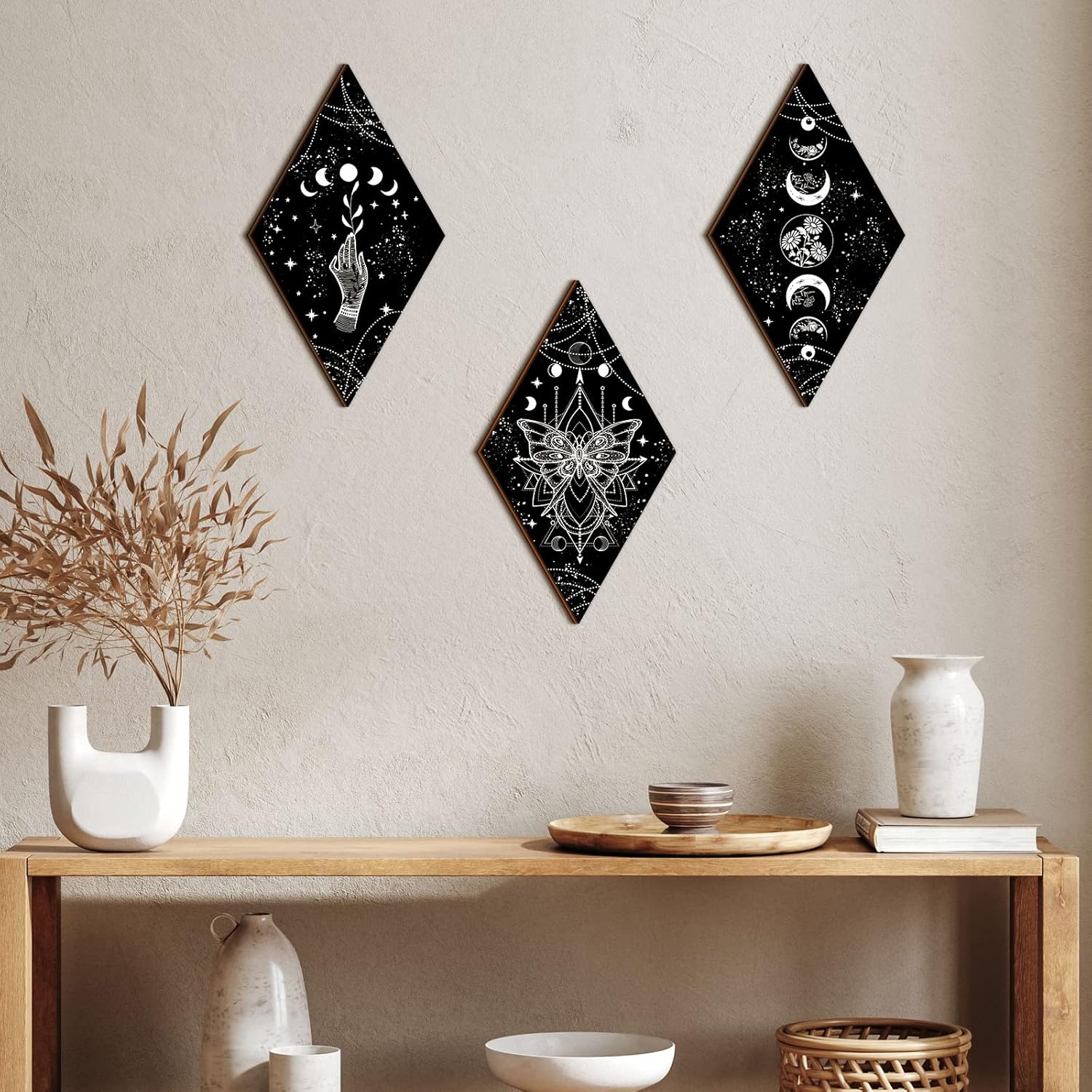 Ferraycle 3 Pcs Rustic Boho Moon Wall Art