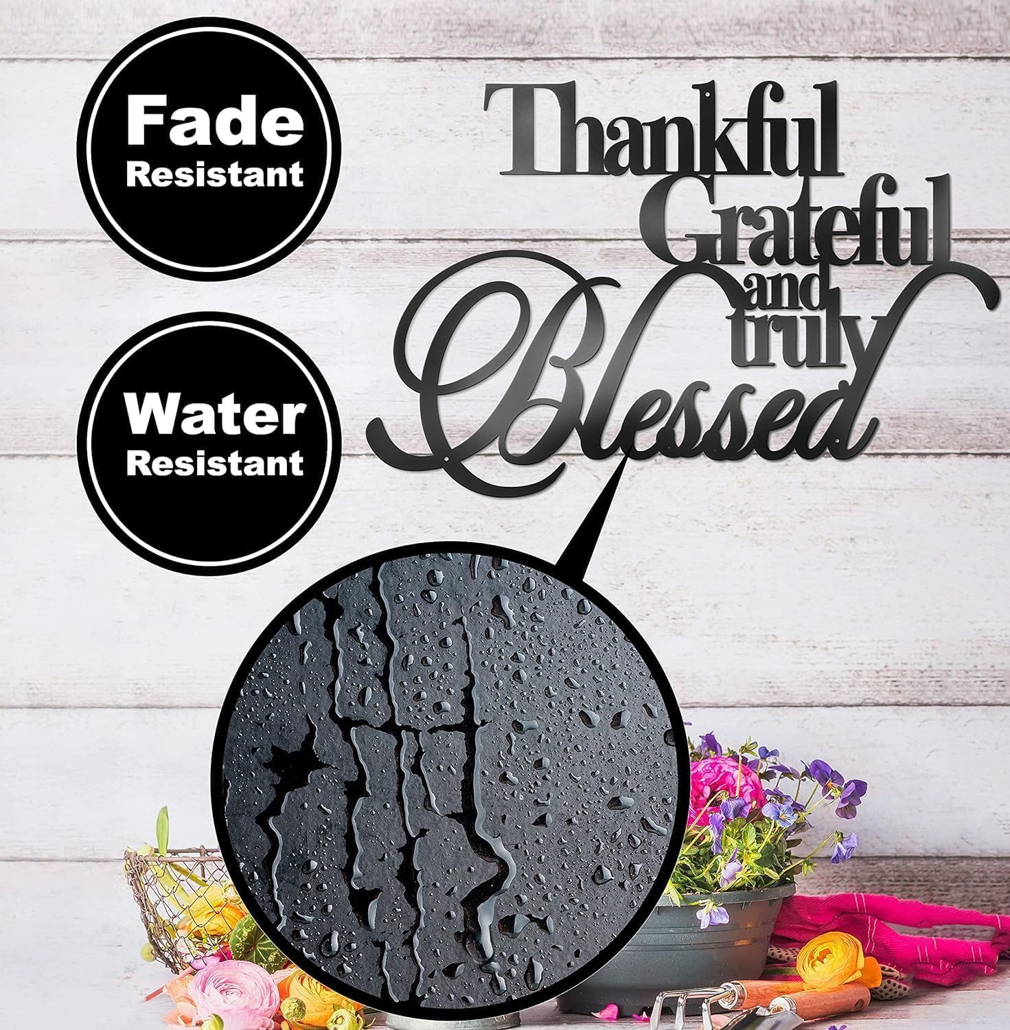 Thankful Grateful Blessed Wall Art Black 18x12 Metal Decor
