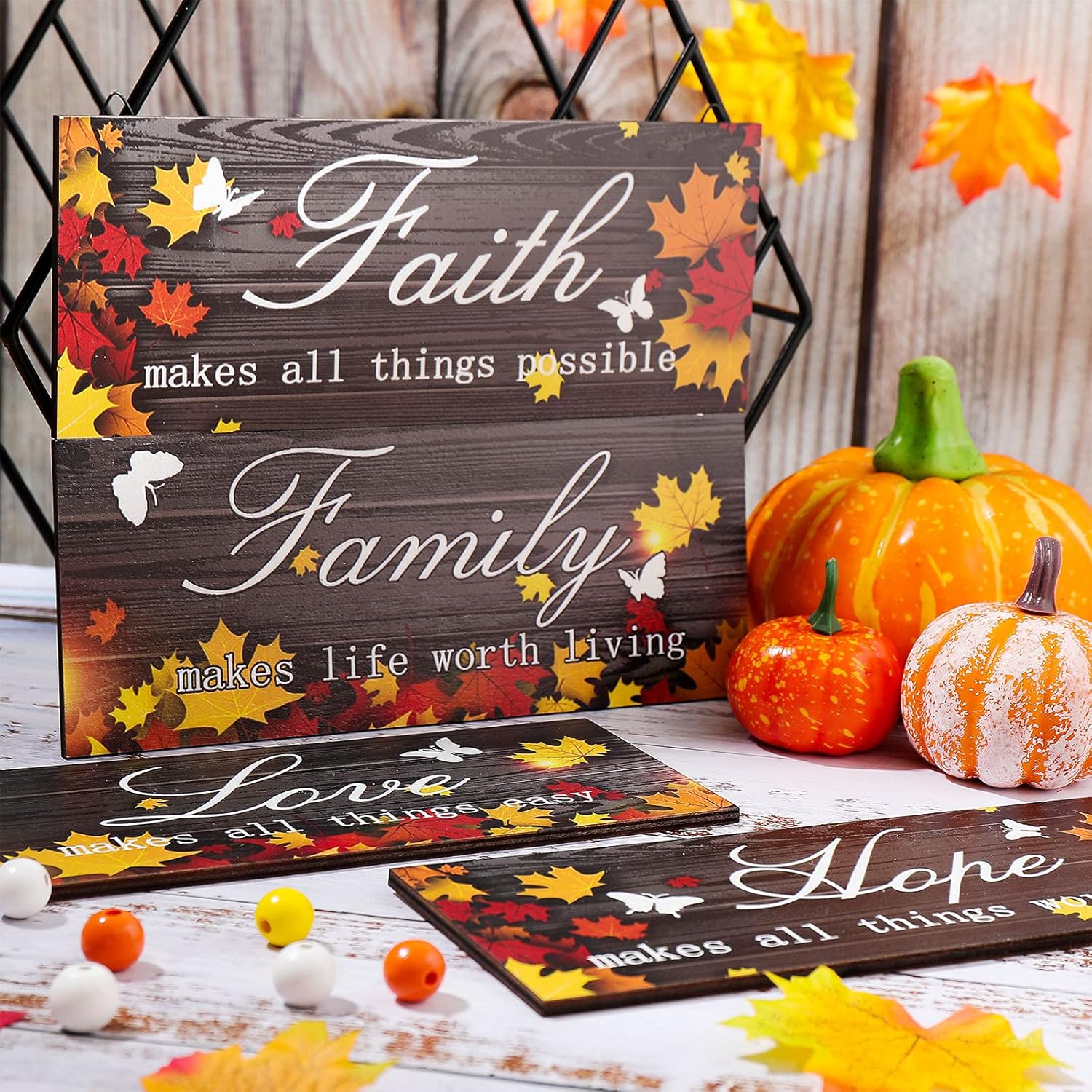 4 Piece Fall Door Decoration Maple Leaf Wood Signs