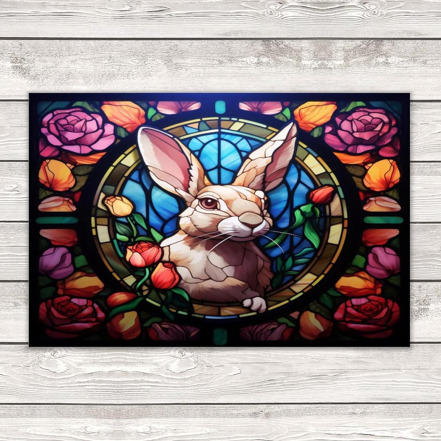 Stained Glass Easter Bunny Wall Decoration Wood Sign 12x18 Inch