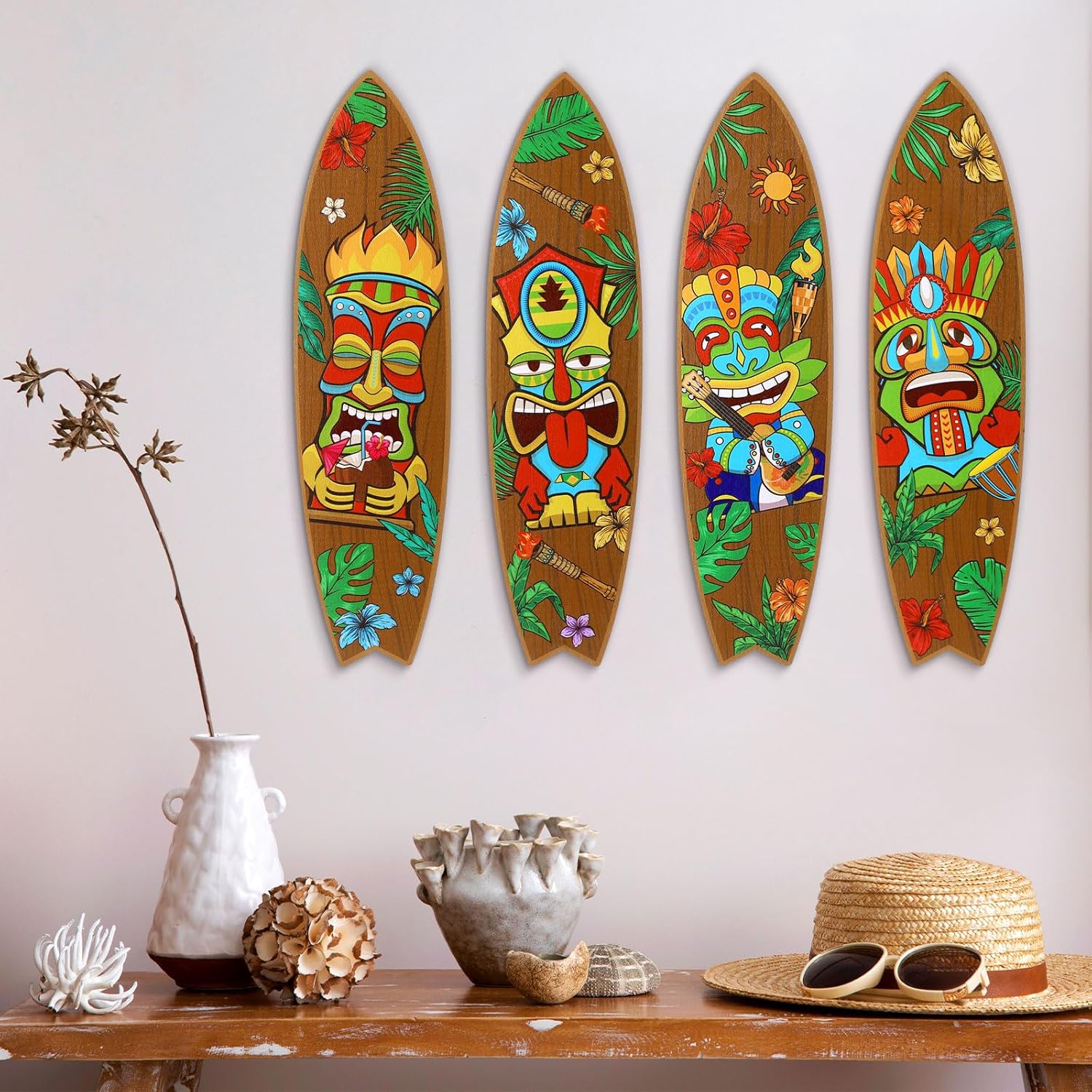 Blulu 4 Pcs Surfboard Wall Decor Wooden Tiki Sign