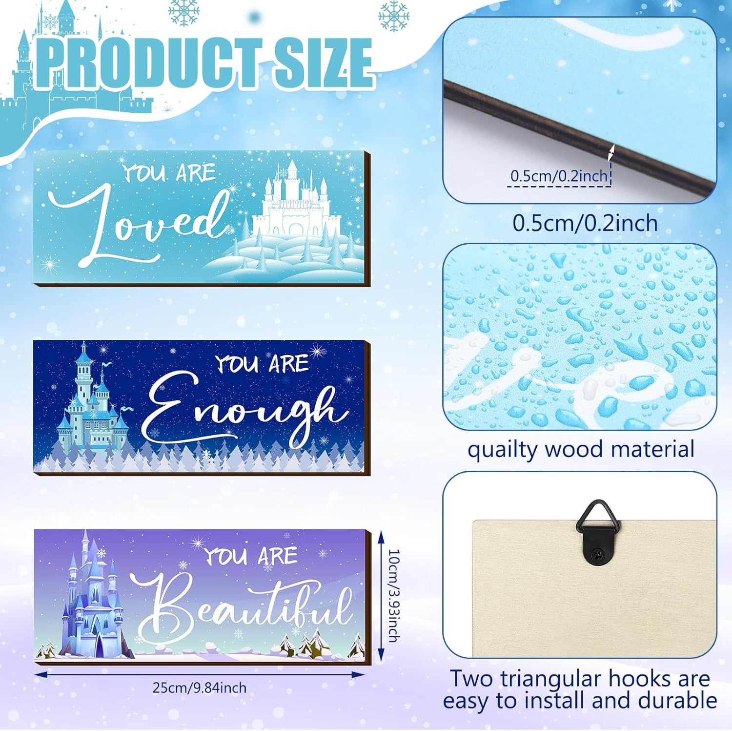 3 Pcs Winter Snowflake Positive Quotes Wooden Wall Art Prints