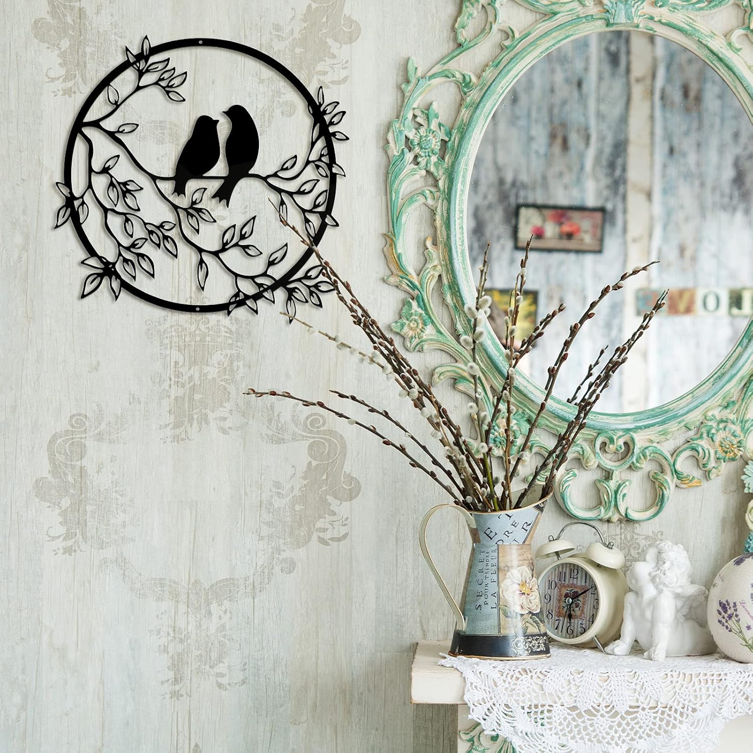 Ferraycle Black Metal Wall Art Bird on Tree Branch Silhouette