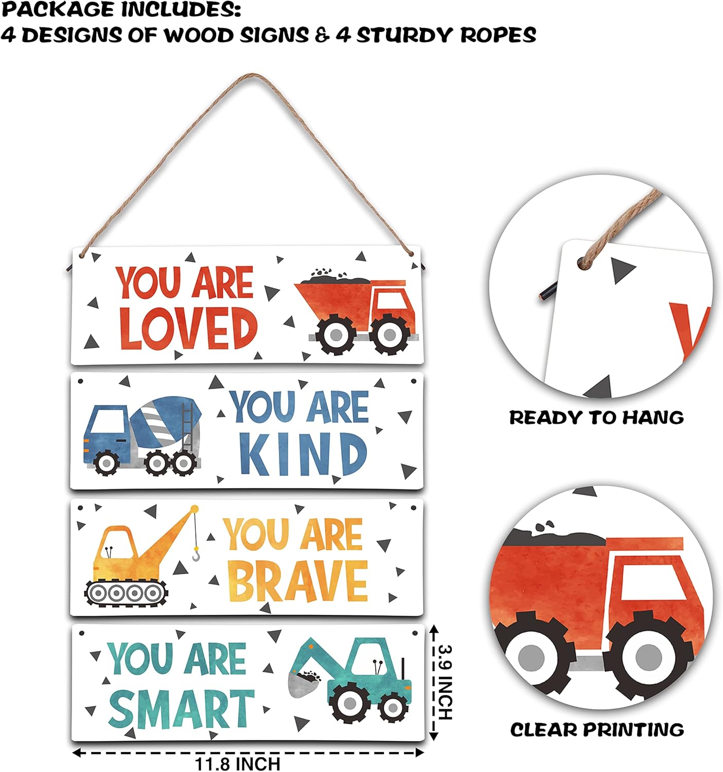 4 Piece Construction Vehicles Kids Room Wall Decor Wooden Signs