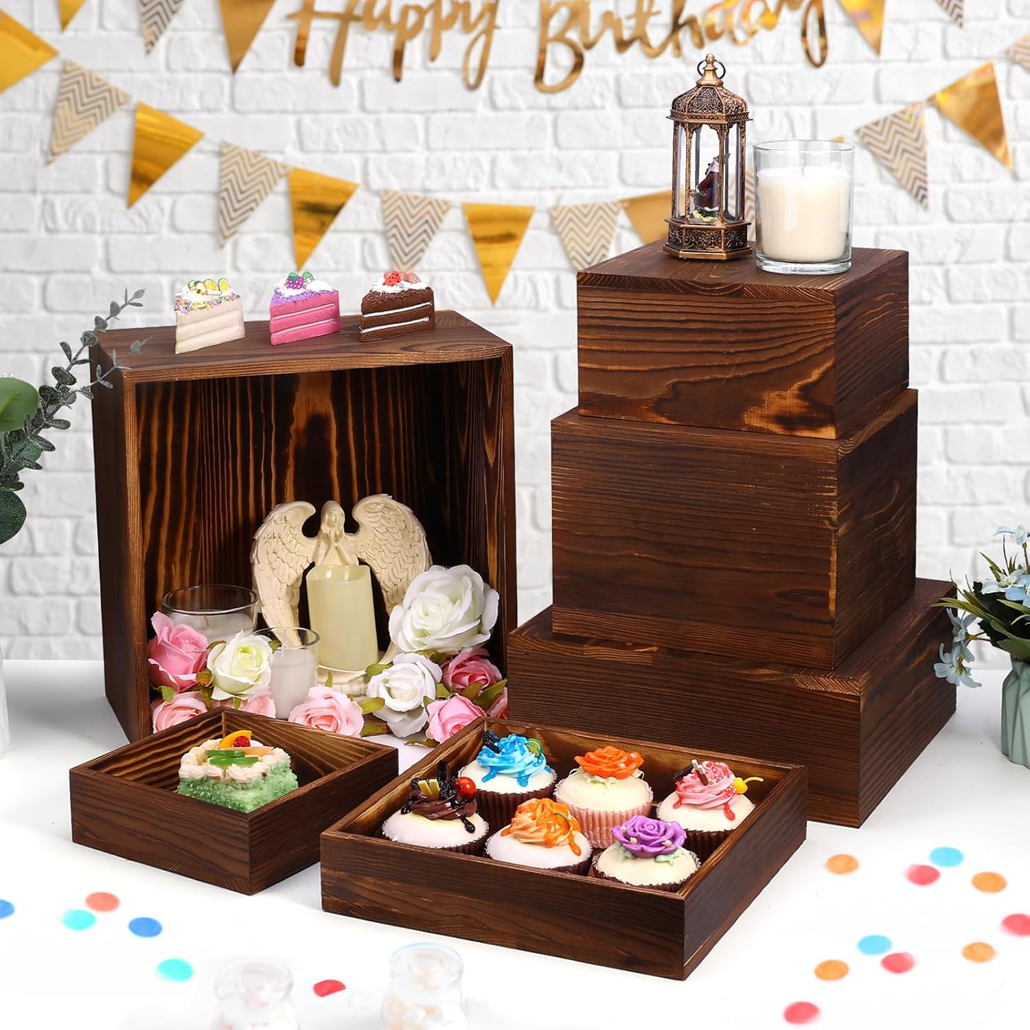 6 Pack Rustic Wood Risers Display Stands for Party and Buffet
