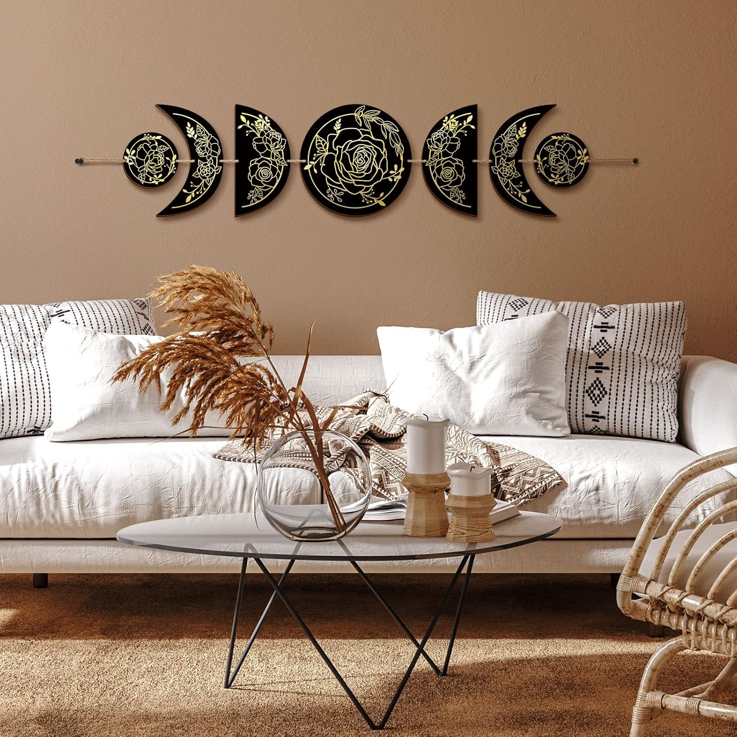 BBTO Boho Wall Art Moon Phases Decor Black Gold