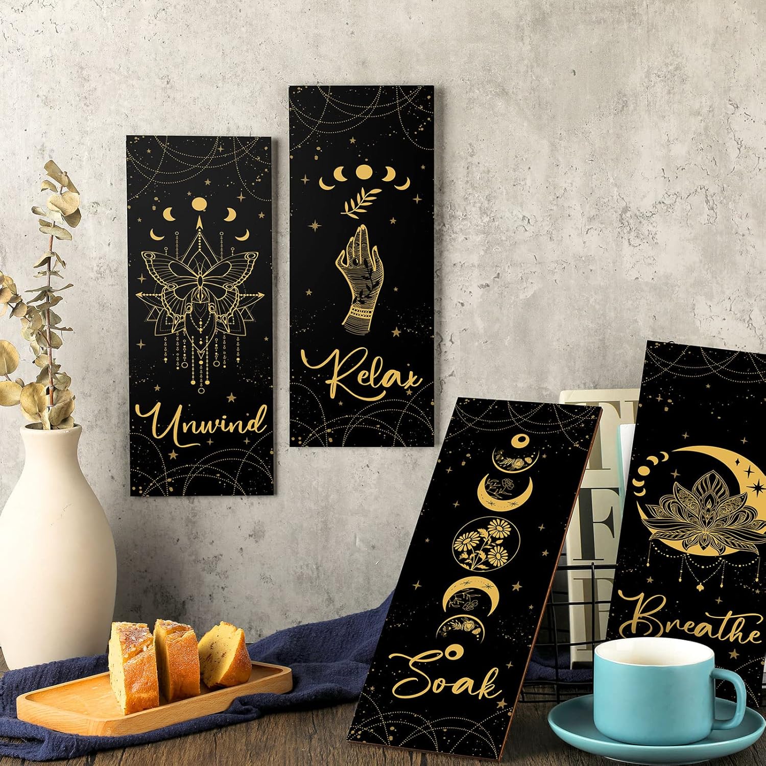 Qunclay 4 Pcs Rustic Boho Wall Decor Moon Phases Art